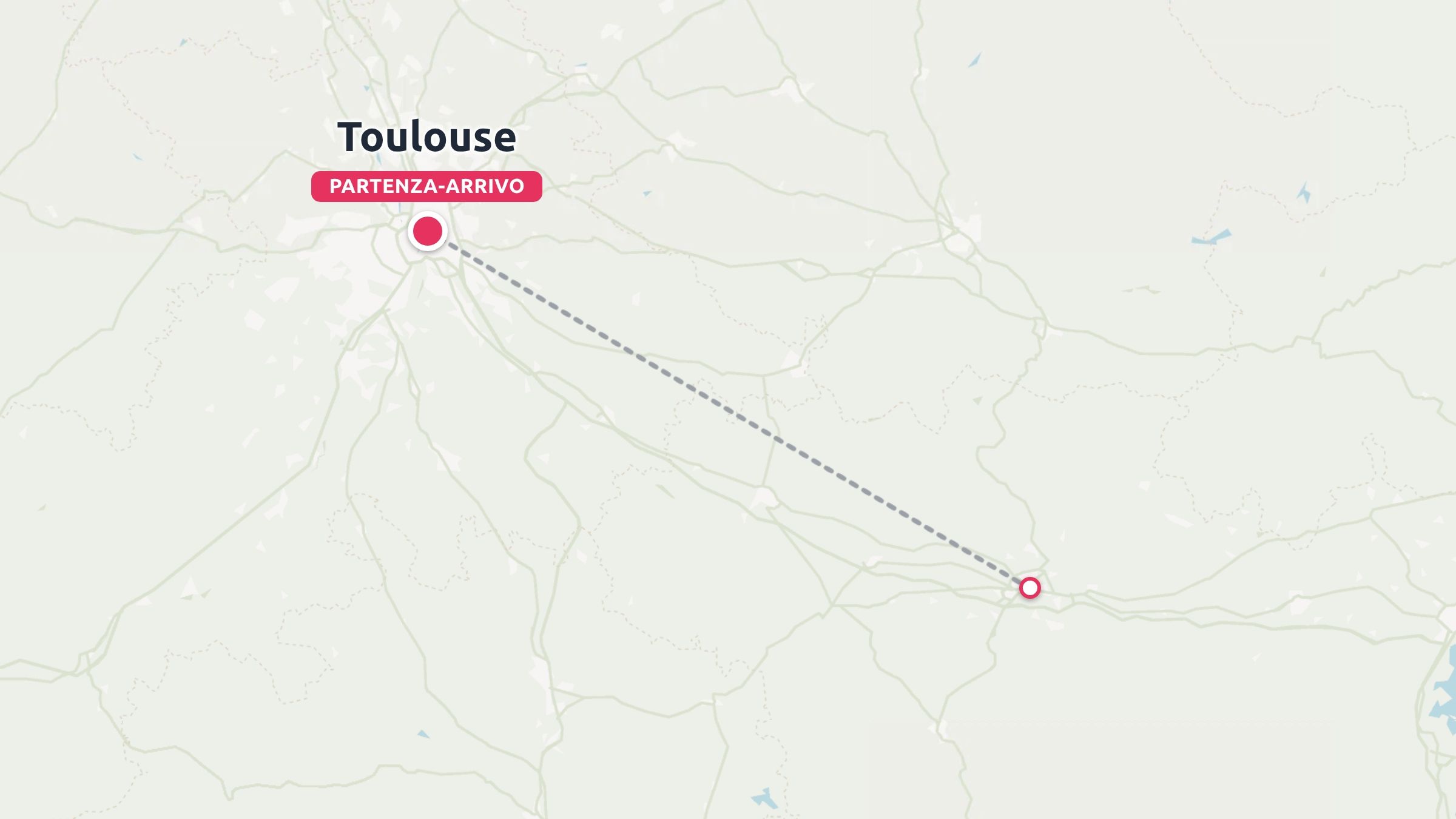 Una mappa di itinerario di viaggio che mostra un percorso tratteggiato con origine e fine a Tolosa.