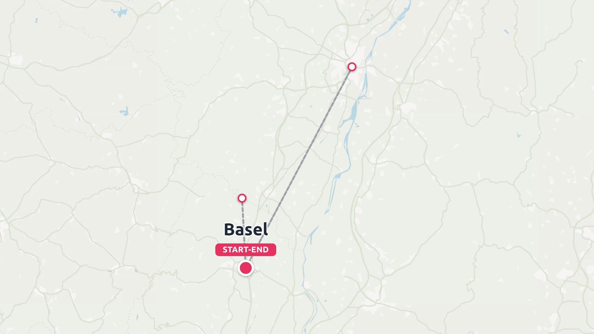 A travel route map starting and ending in Basel with marked destination points connected by a line.
