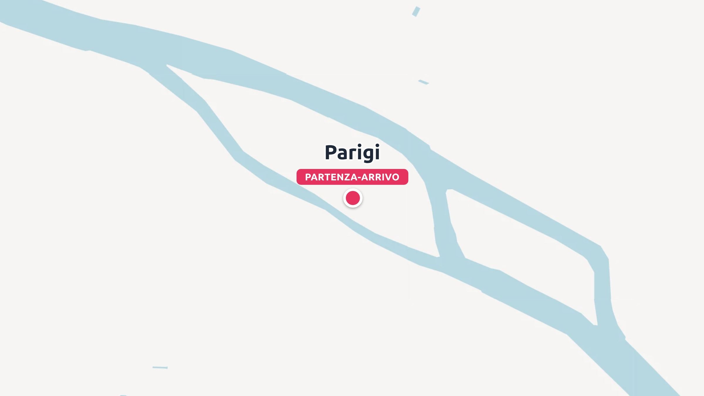 Una mappa di viaggio di Parigi con un segnaposto rosso che indica il punto di partenza e di arrivo lungo un fiume.