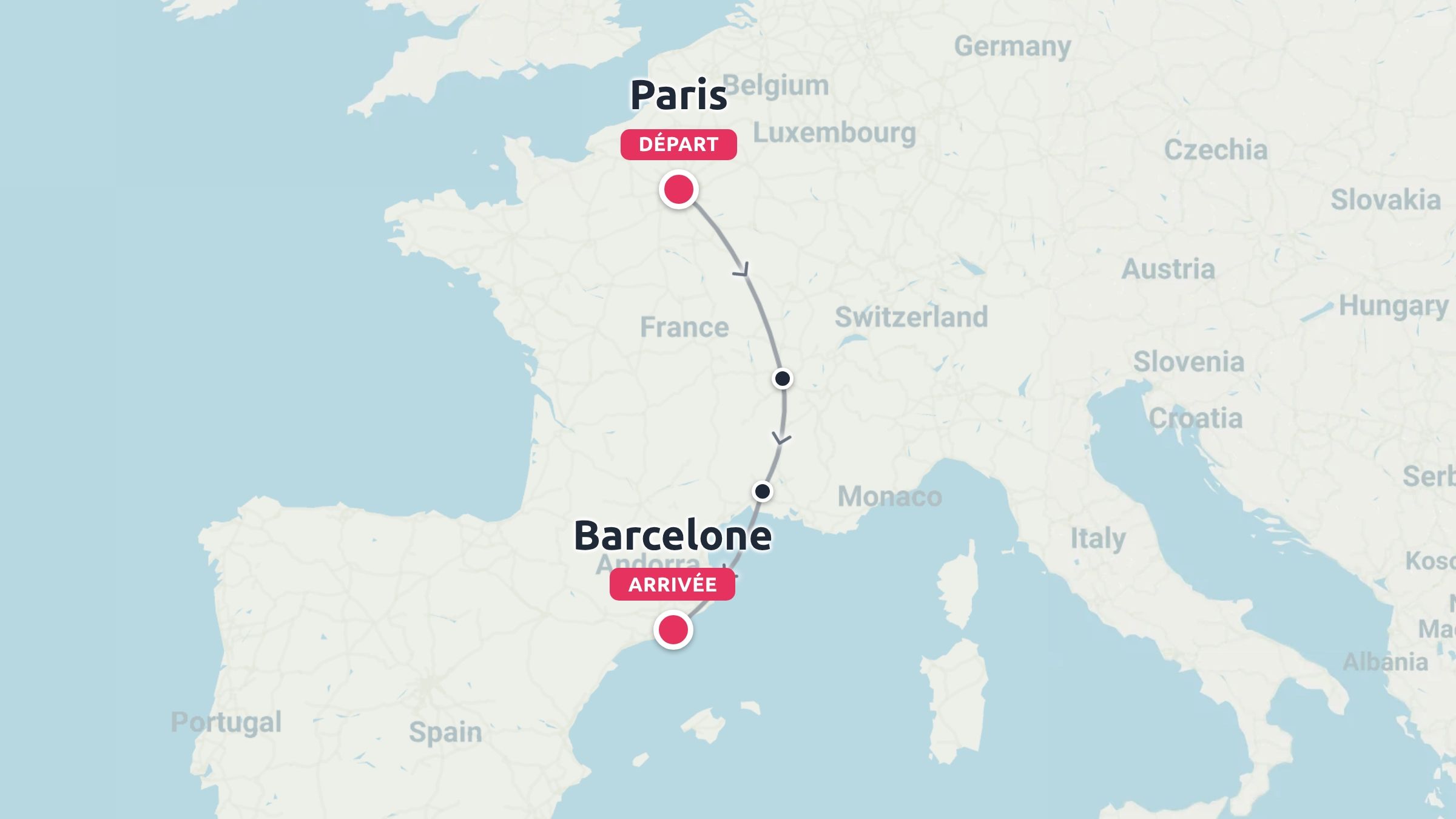 Carte de l'Europe de l'Ouest montrant un itinéraire de voyage reliant Paris au départ et Barcelone à l'arrivée