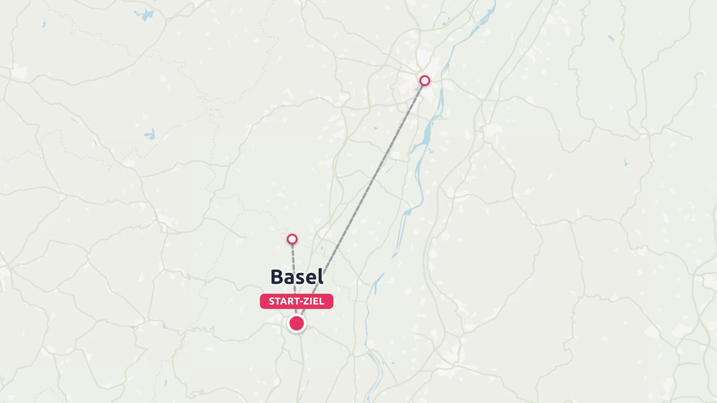 Eine Reiseroute mit Routenpunkten und Verbindungslinien, die in Basel beginnt und endet.
