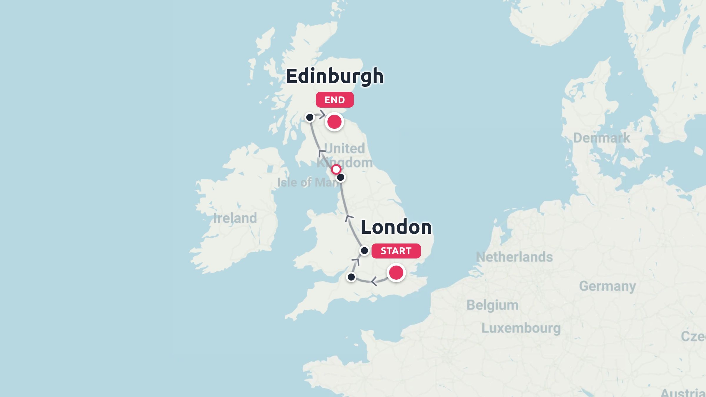 A travel route map across the United Kingdom starting in London and ending in Edinburgh with intermediate stops.