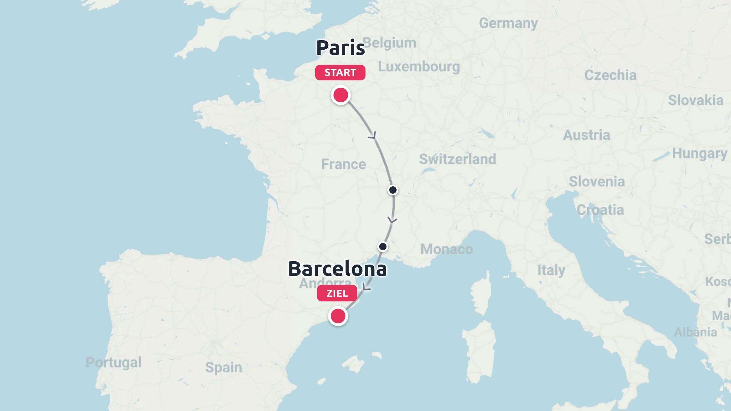 Reisekarte mit einer Route von Paris in Frankreich nach Barcelona in Spanien
