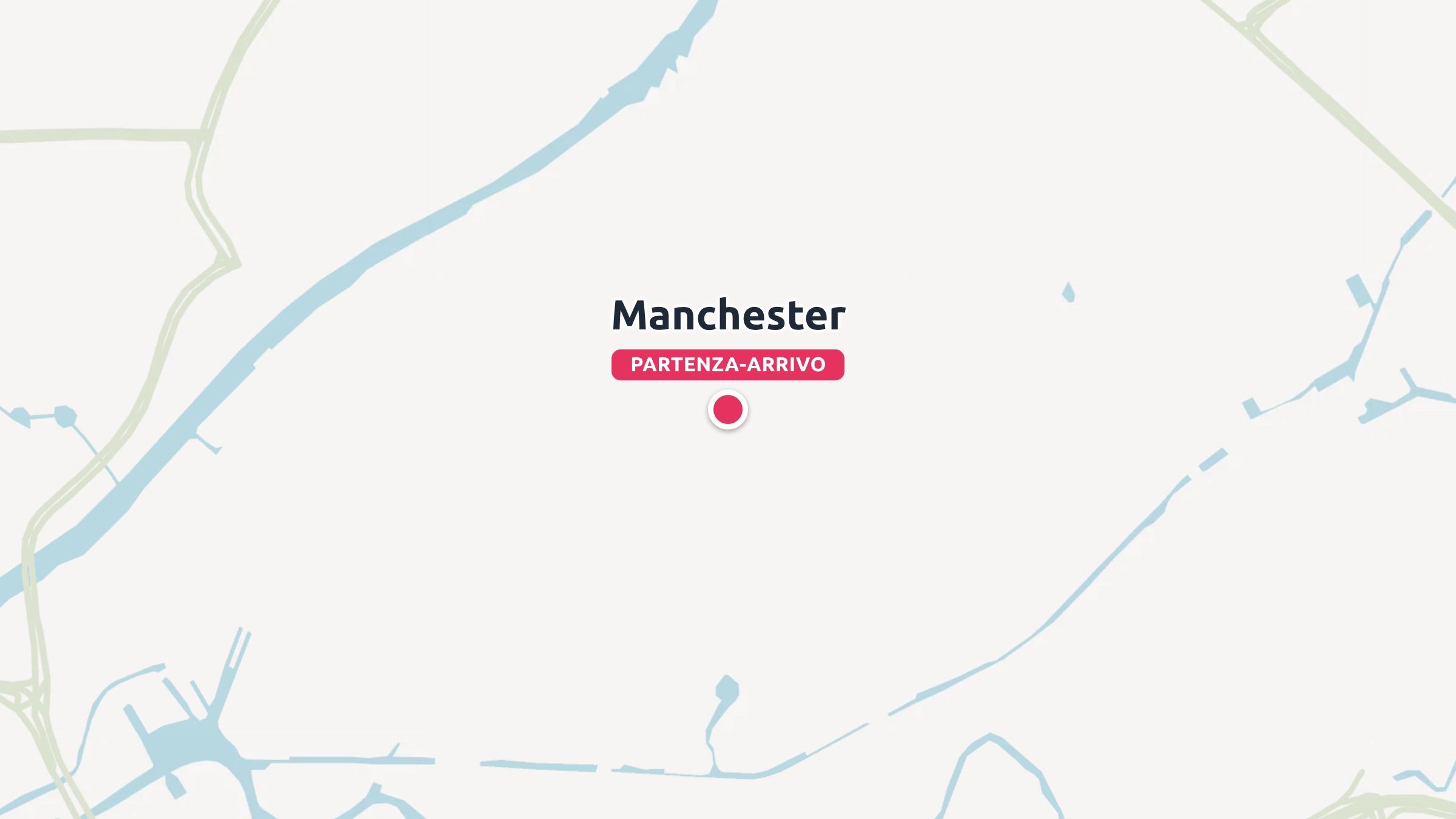 Una mappa di viaggio che mostra Manchester segnata come punto di partenza e di arrivo con un punto rosso