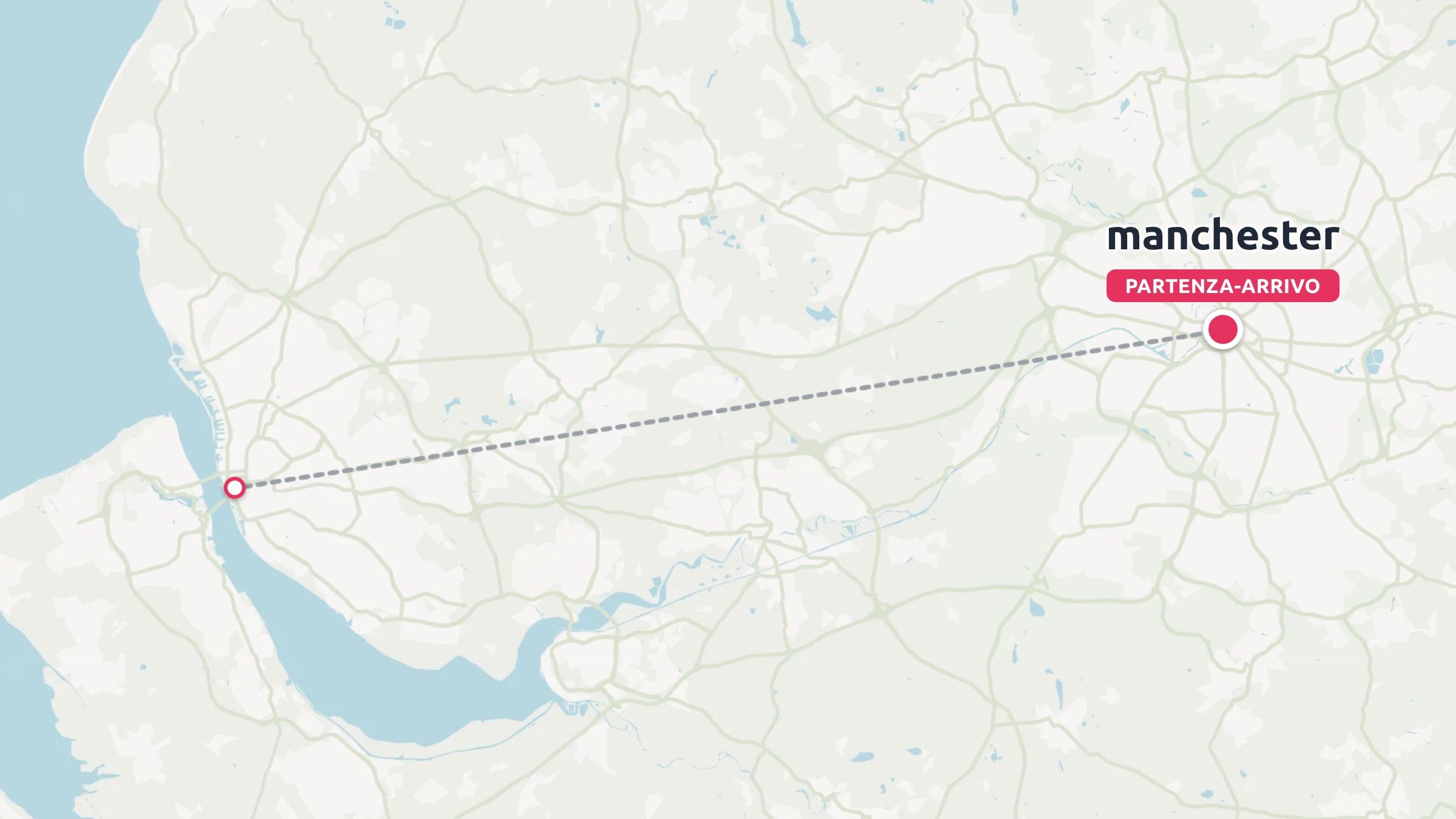 Una mappa di viaggio con una linea di percorso che collega un punto costiero a Manchester contrassegnato come partenza e arrivo.