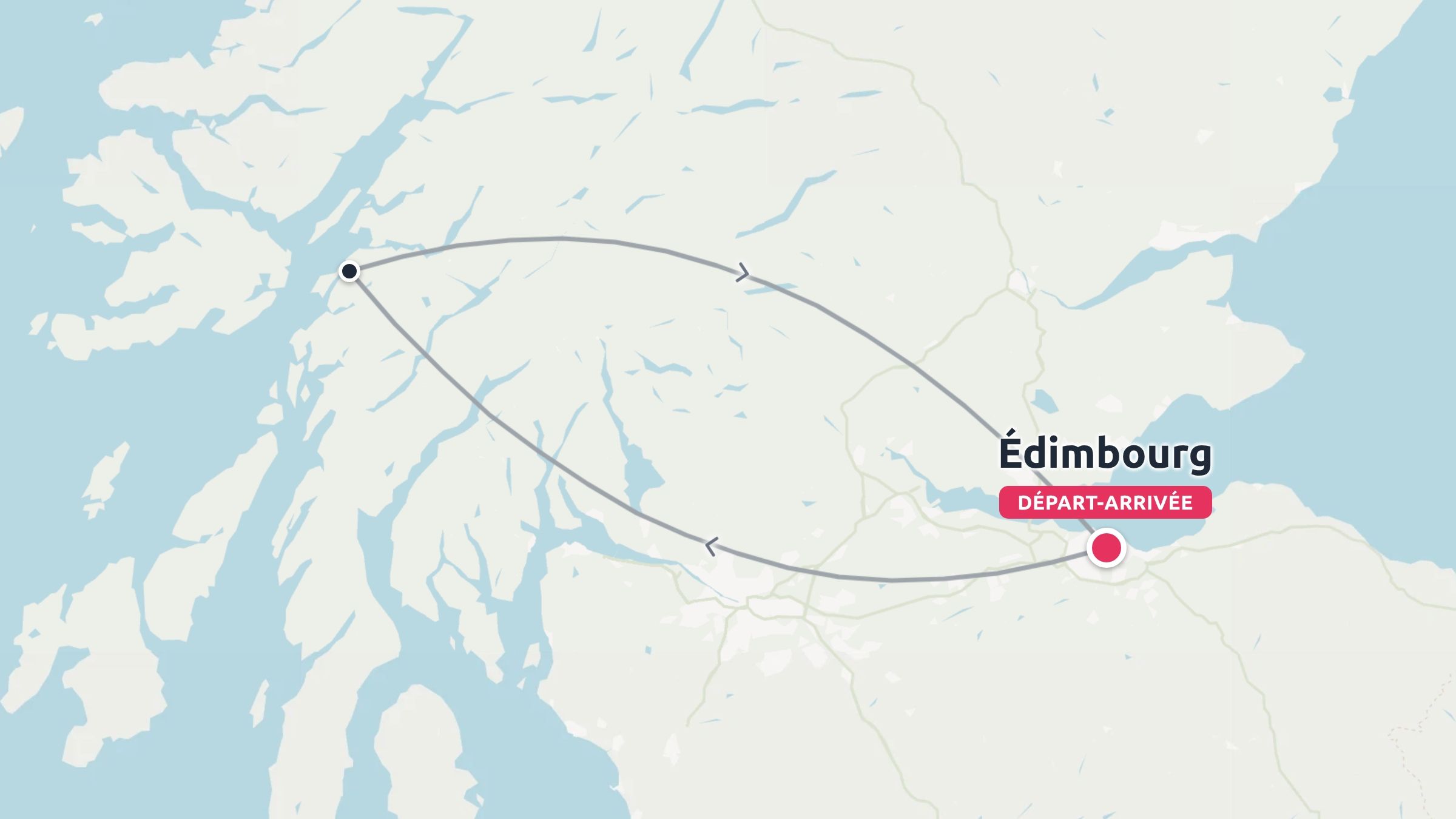 Une carte touristique de l'Écosse mettant en valeur un itinéraire de voyage circulaire commençant et se terminant à Édimbourg.