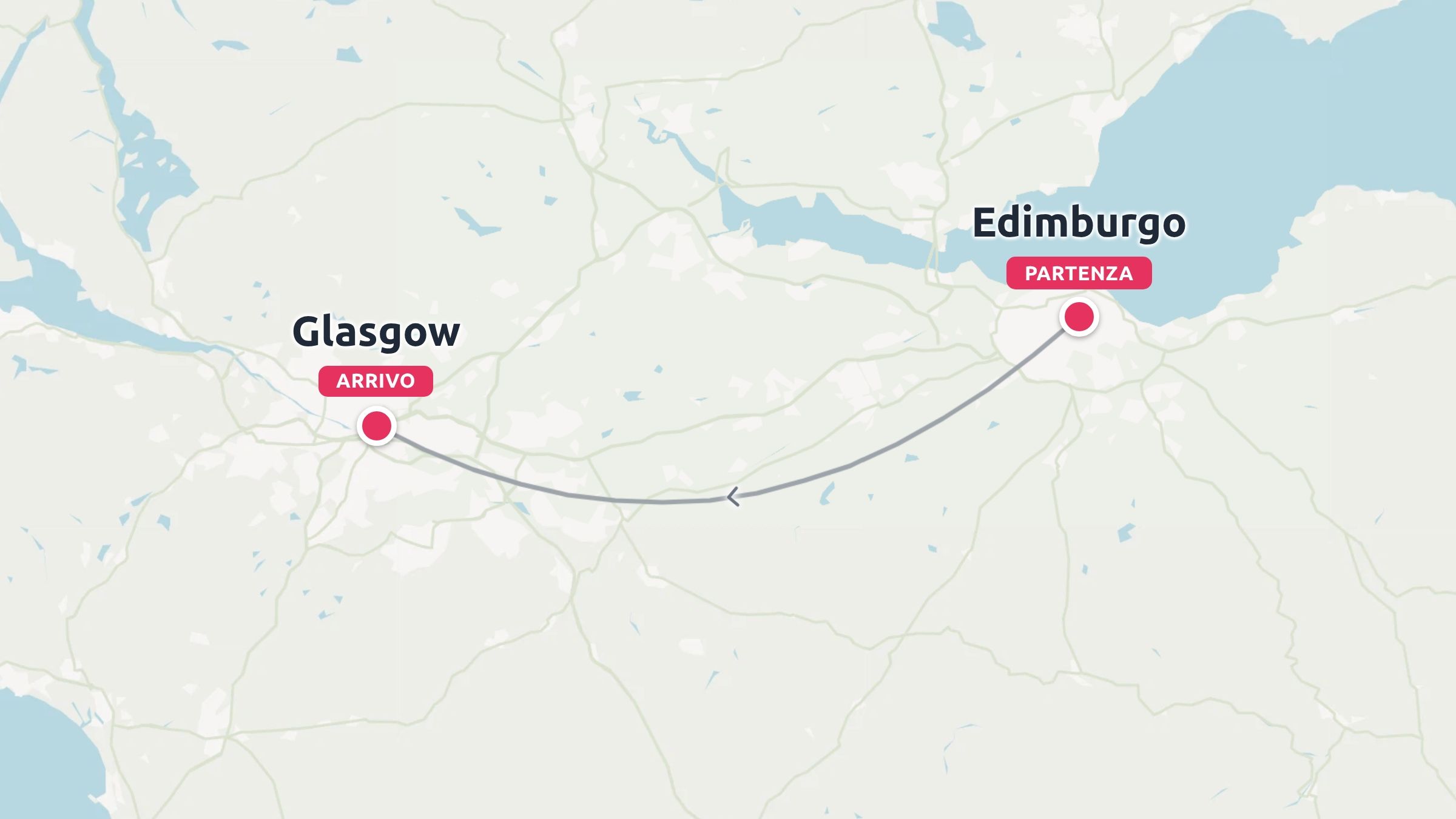 Mappa dell'itinerario di viaggio che mostra un percorso curvo dal punto di partenza Edimburgo alla destinazione di arrivo Glasgow.