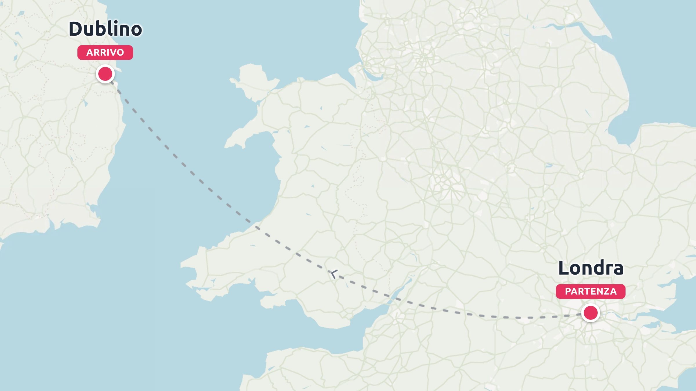 Una mappa di viaggio con una linea tratteggiata che mostra un percorso da Londra a Dublino