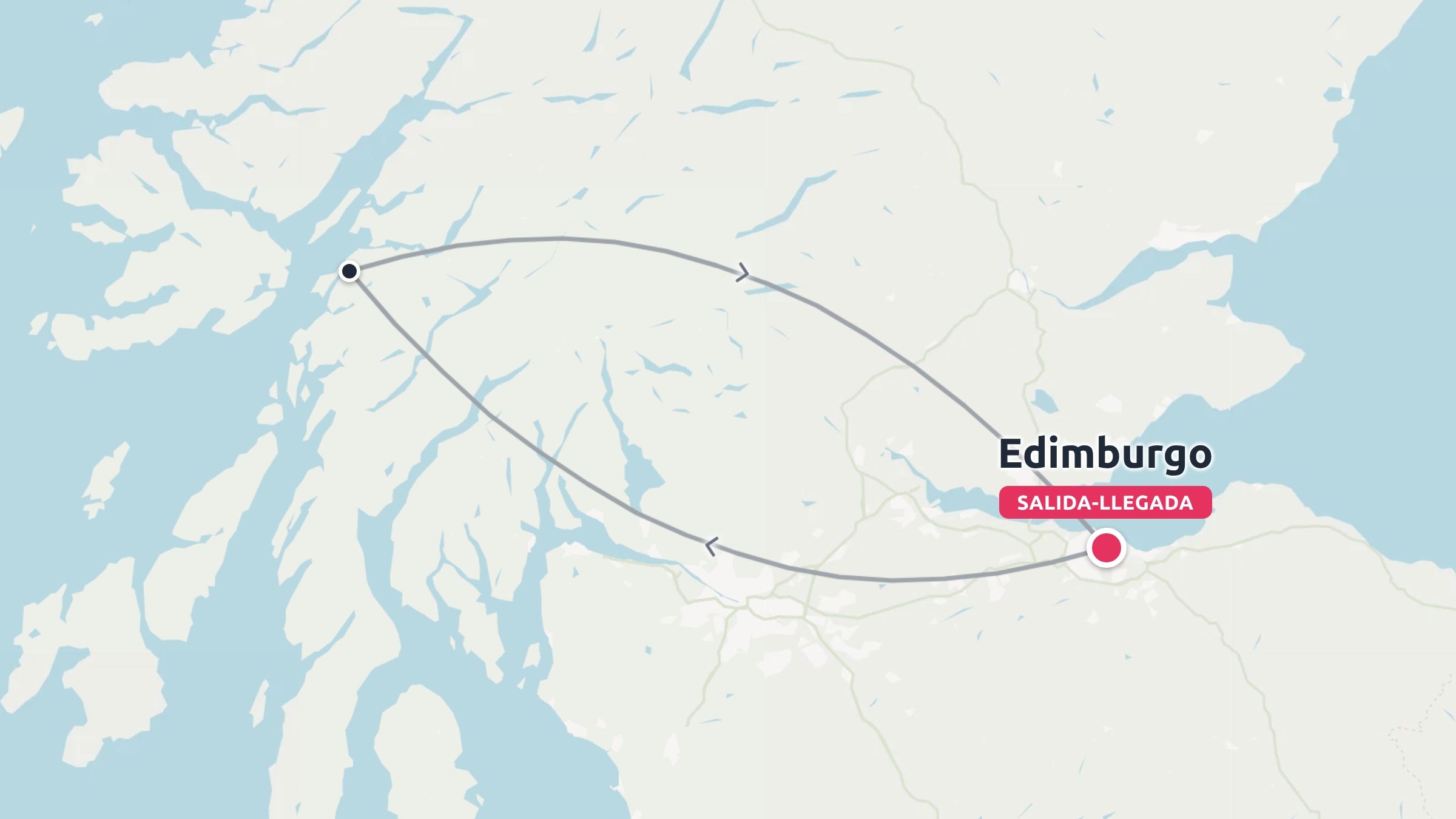 Un mapa de ruta de viaje que muestra un viaje de ida y vuelta que empieza y termina en Edimburgo.