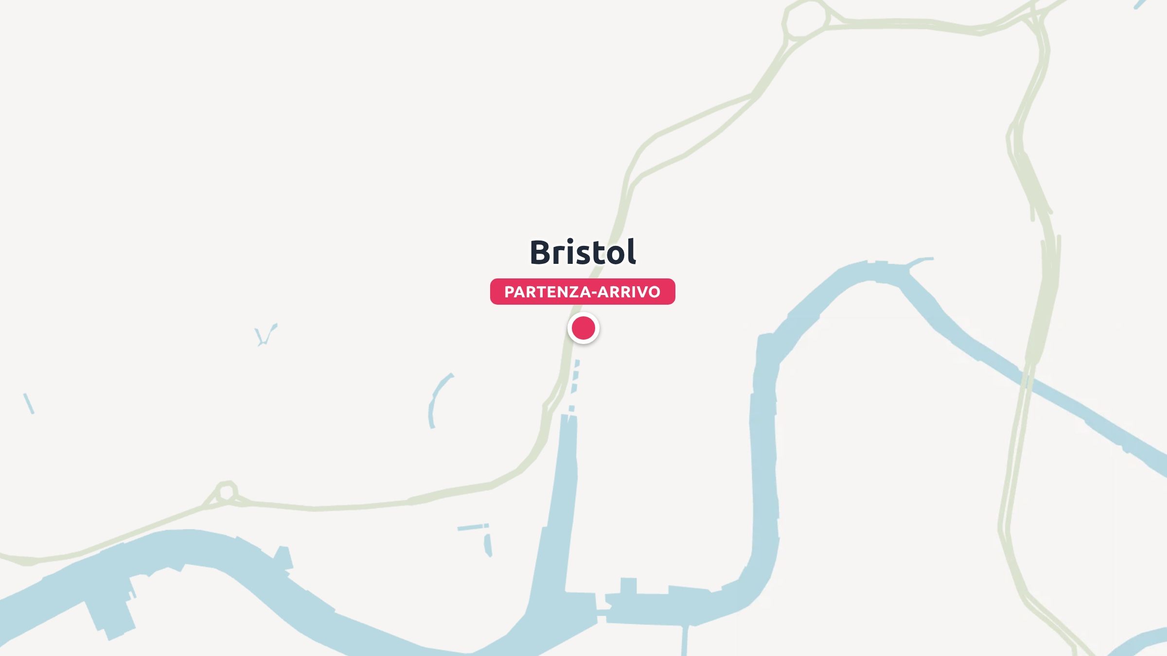 Una mappa di viaggio che mostra Bristol come punto di partenza e arrivo con corsi d'acqua e strade