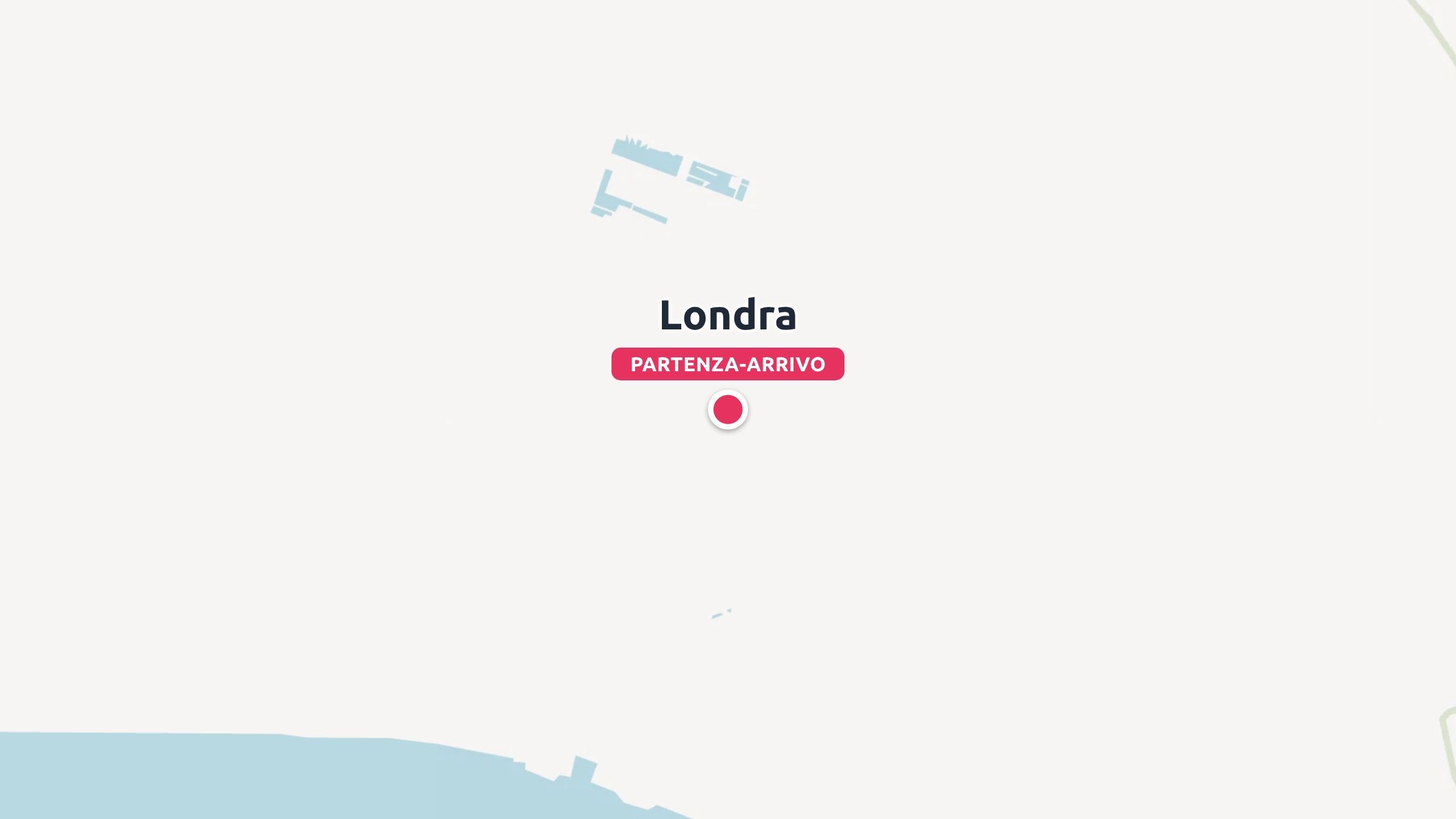 Una grafica di mappa di viaggio che segna il punto di partenza e di arrivo a Londra con un punto rosso.