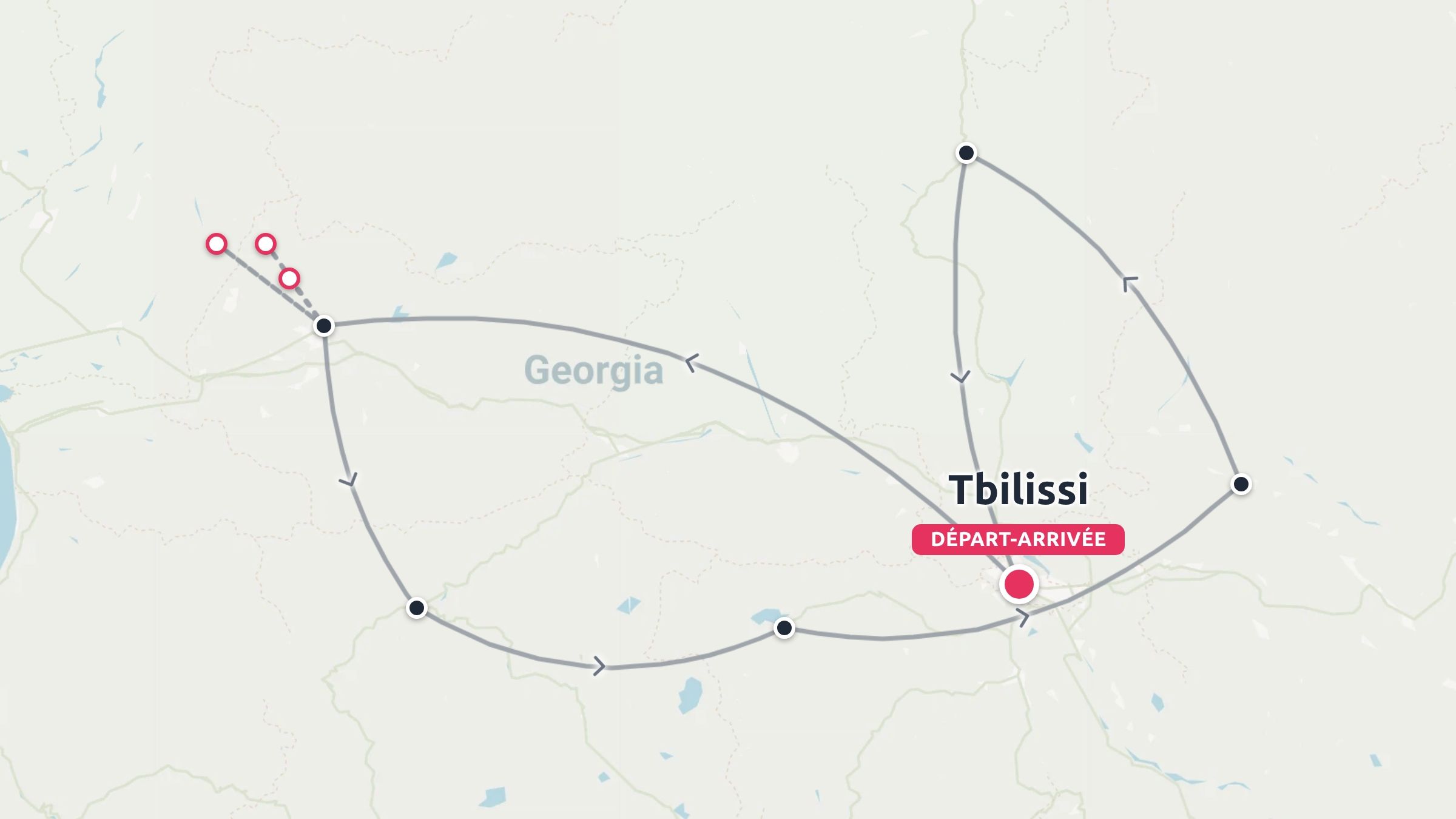 Carte de l'itinéraire de voyage en Géorgie montrant un parcours en boucle commençant et se terminant à Tbilissi.
