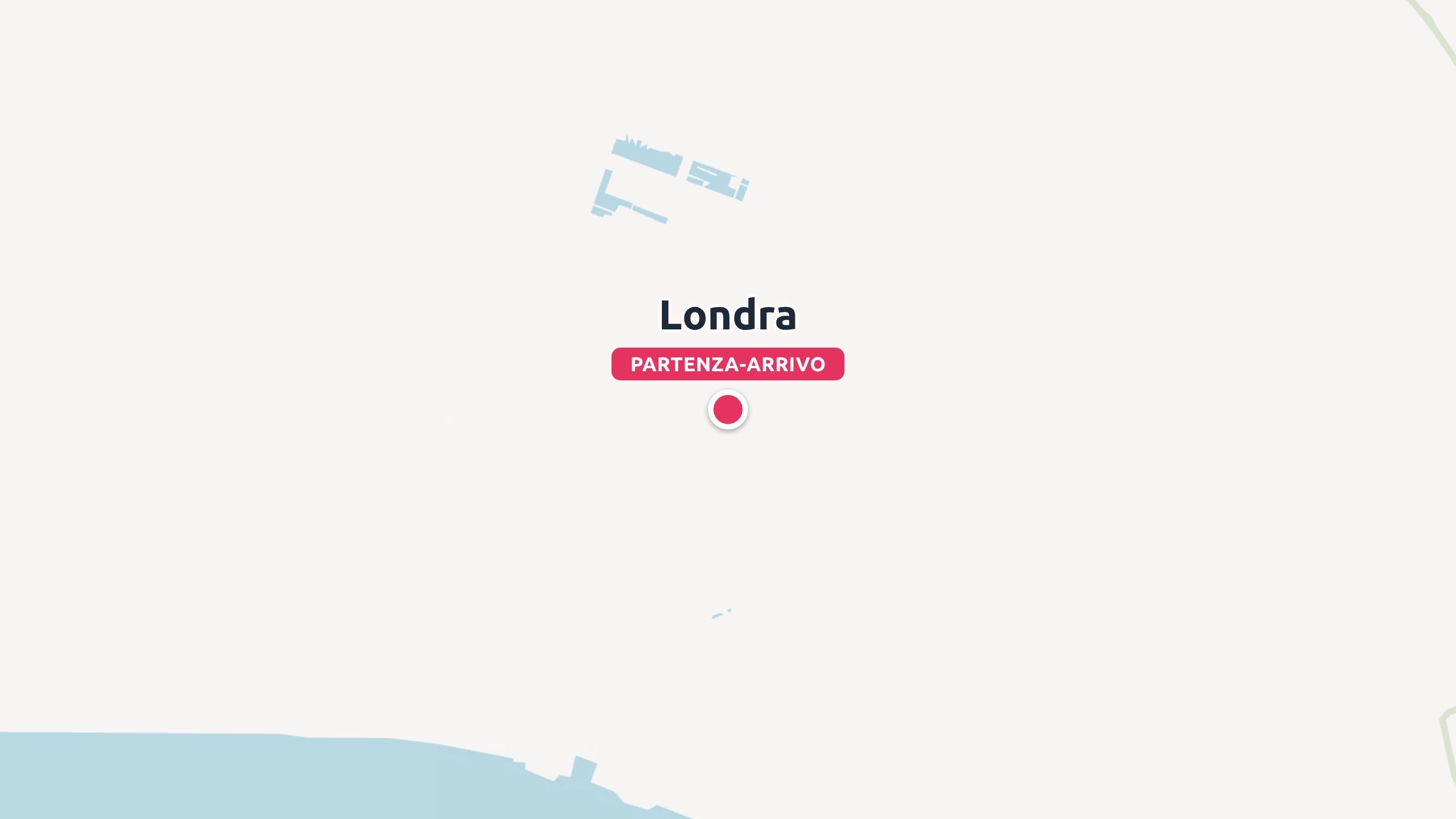 Una mappa di viaggio che mostra Londra contrassegnata come Londra con un pin rosso per il luogo di partenza e arrivo.