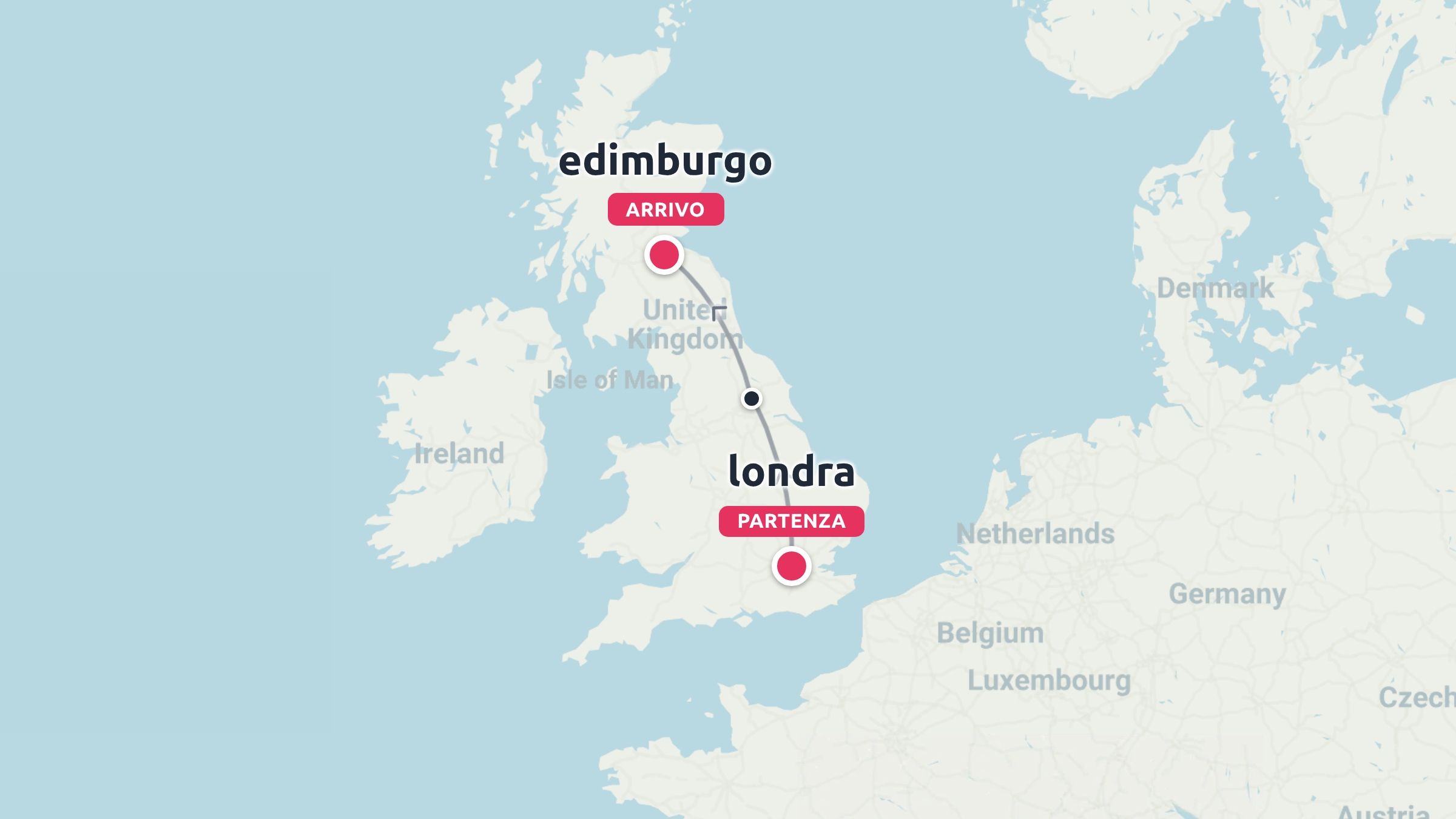 Una mappa dell'itinerario di viaggio da Londra a Edimburgo attraverso il Regno Unito