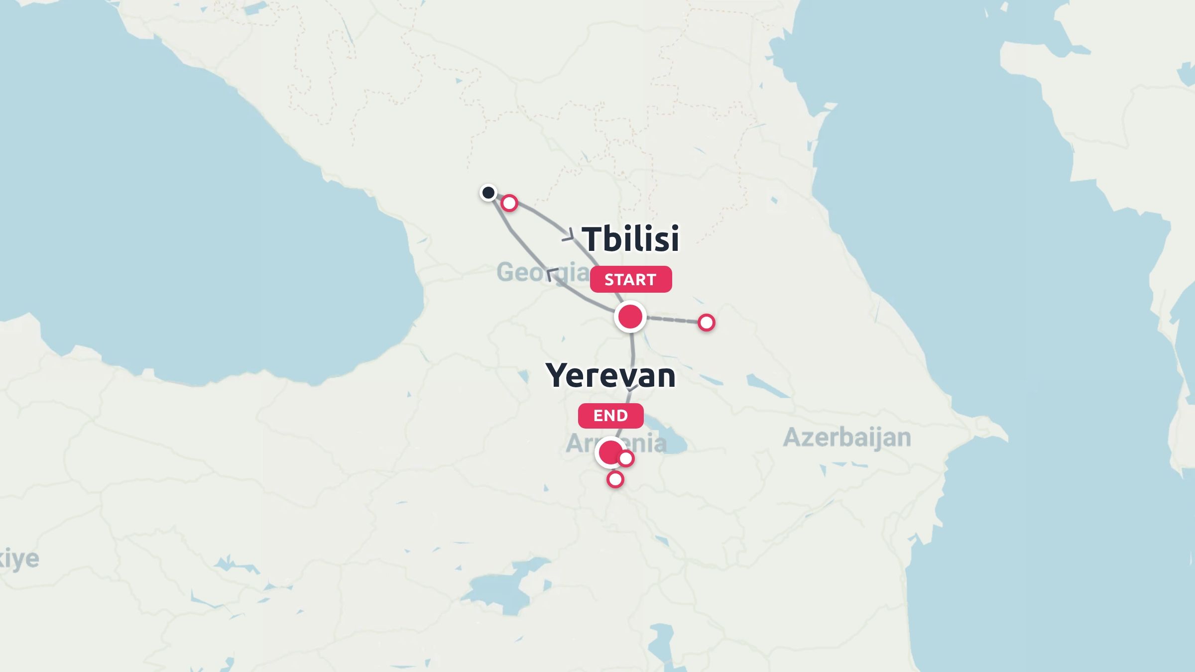 A travel route map showing an itinerary starting in Tbilisi, Georgia and ending in Yerevan, Armenia.