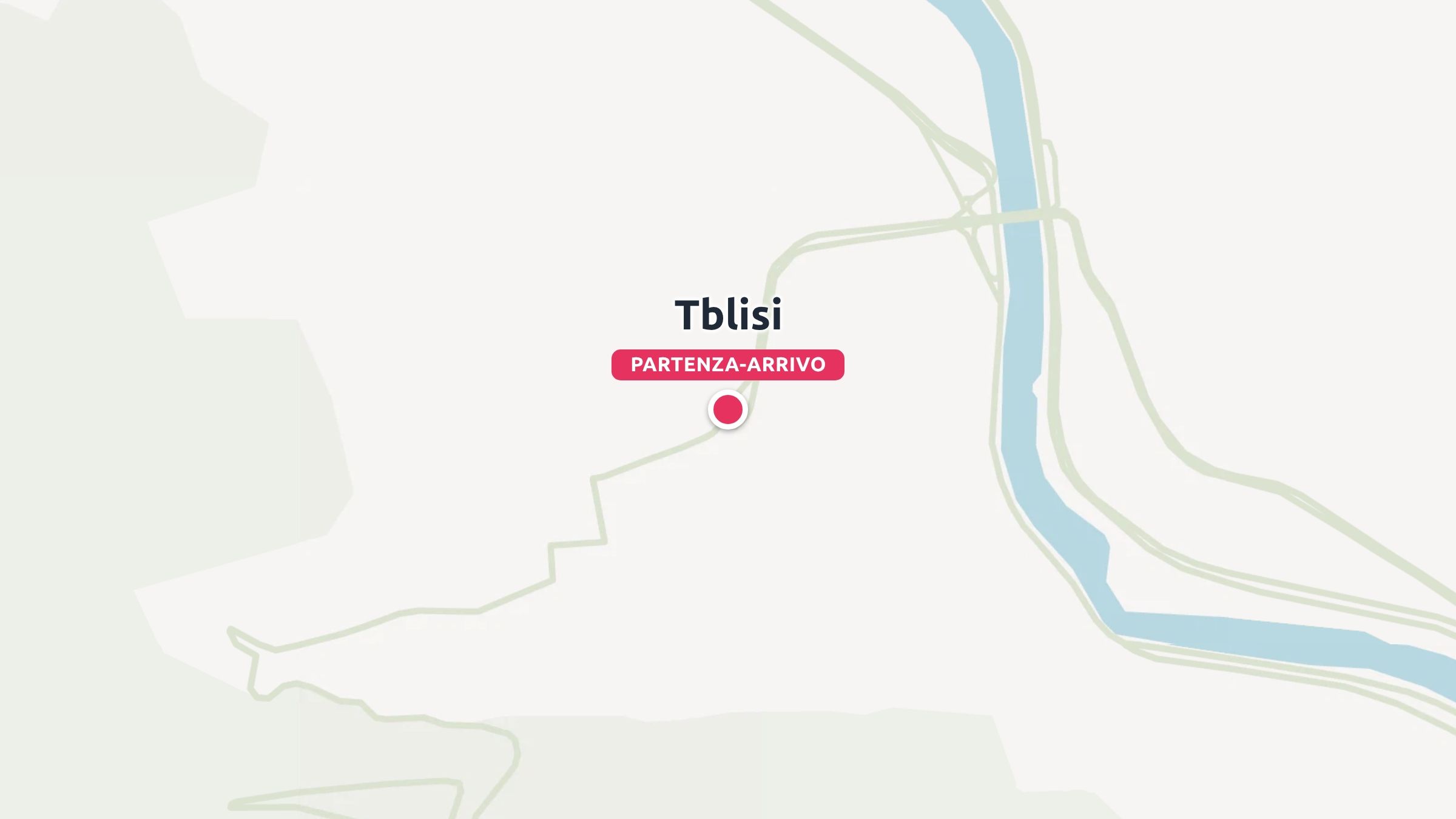 Una mappa dell'itinerario di viaggio che mostra Tbilisi contrassegnata come punto di partenza e di arrivo vicino a un fiume.
