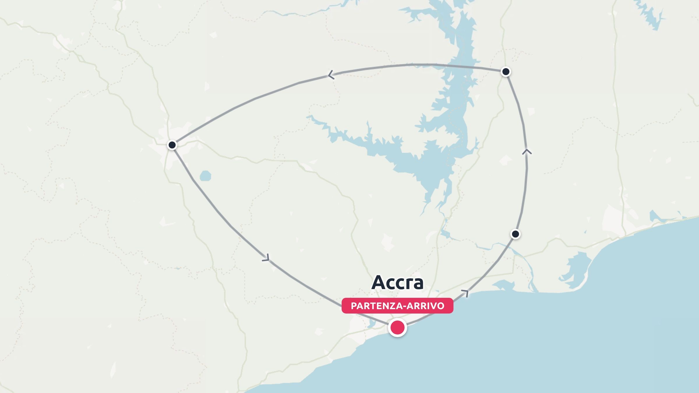 Mappa dell'itinerario di viaggio che mostra un percorso circolare con partenza e arrivo ad Accra.