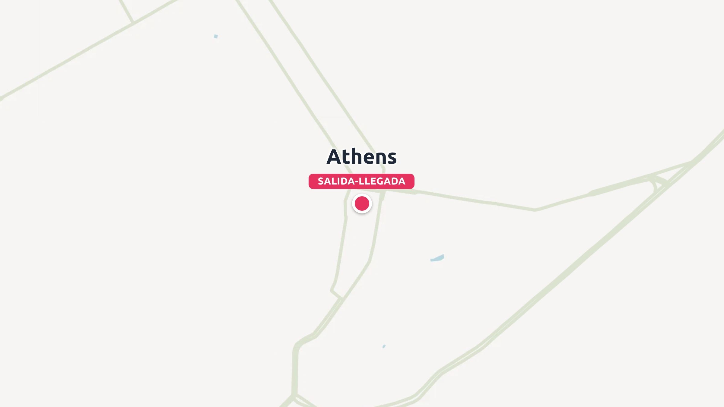 Un mapa de viajes que marca Atenas con un pin rosa como punto de salida y llegada