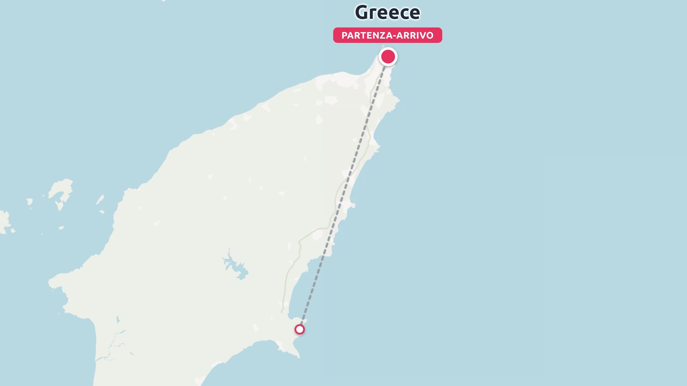 Una mappa di viaggio di un'isola greca che mostra un itinerario tratteggiato lungo la costa orientale