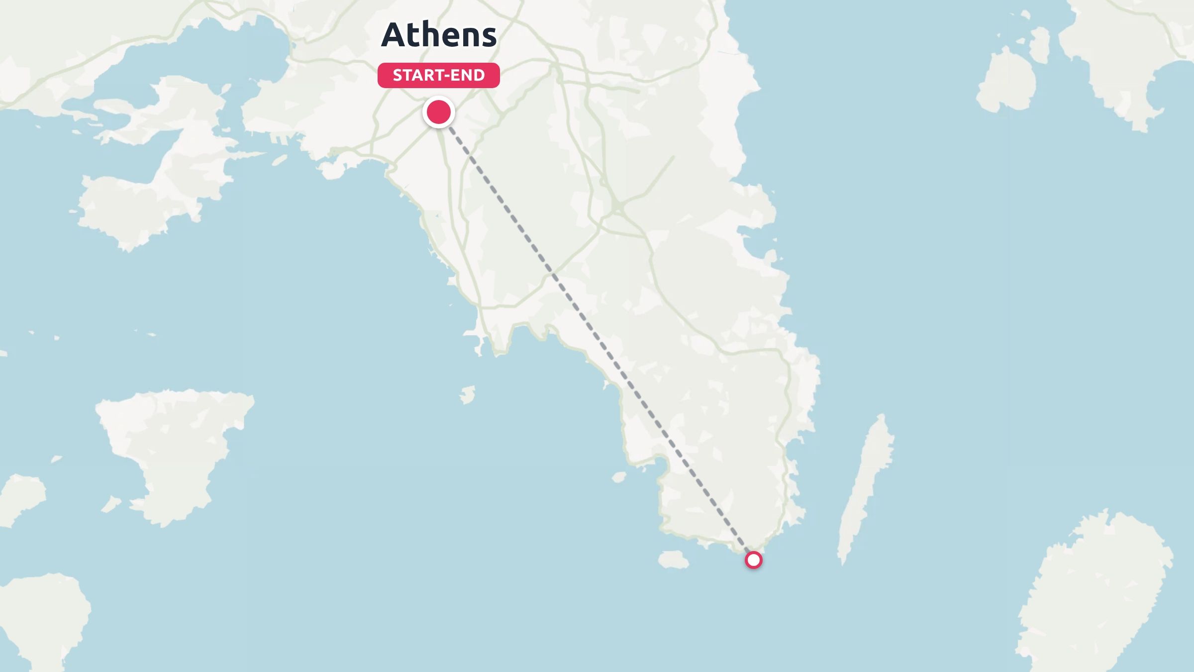 Travel map of Greece showing a route starting and ending in Athens, connecting to the southern coast.