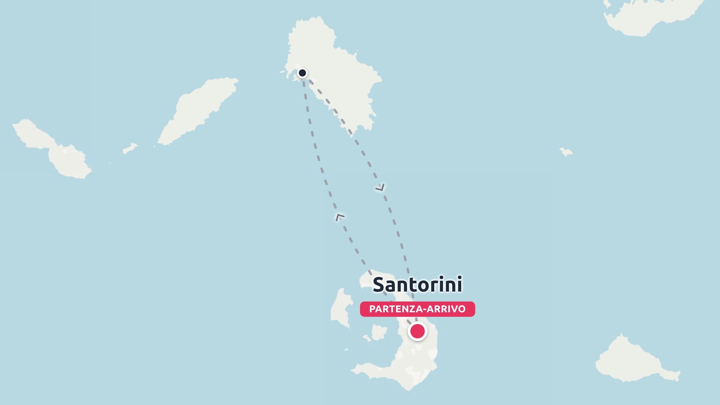 Mappa di viaggio che mostra un percorso di andata e ritorno che collega Santorini a un'isola vicina attraverso il Mar Egeo.