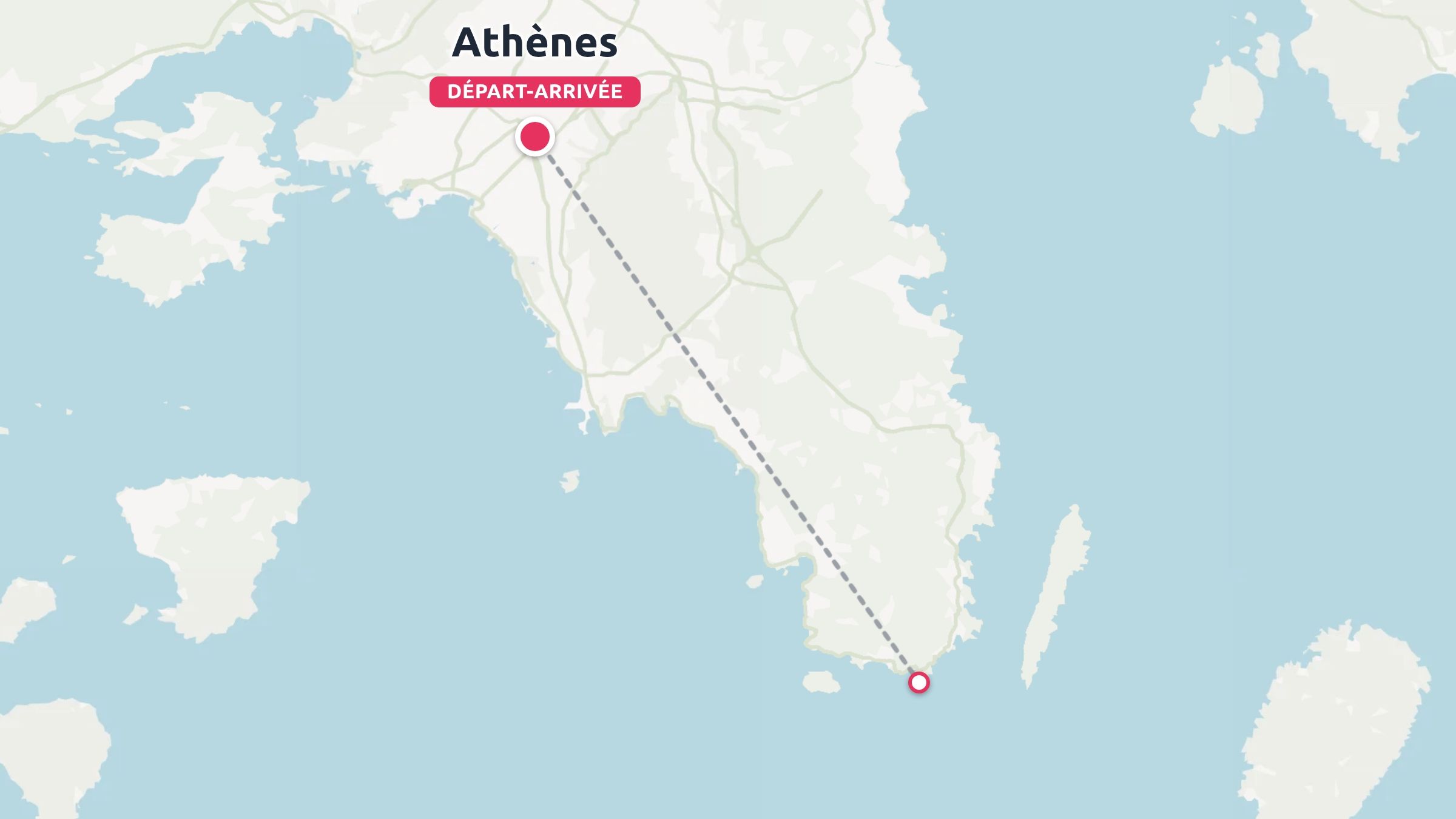 Une carte d'itinéraire de voyage montrant un chemin en pointillés commençant et se terminant à Athènes, reliant la côte sud.