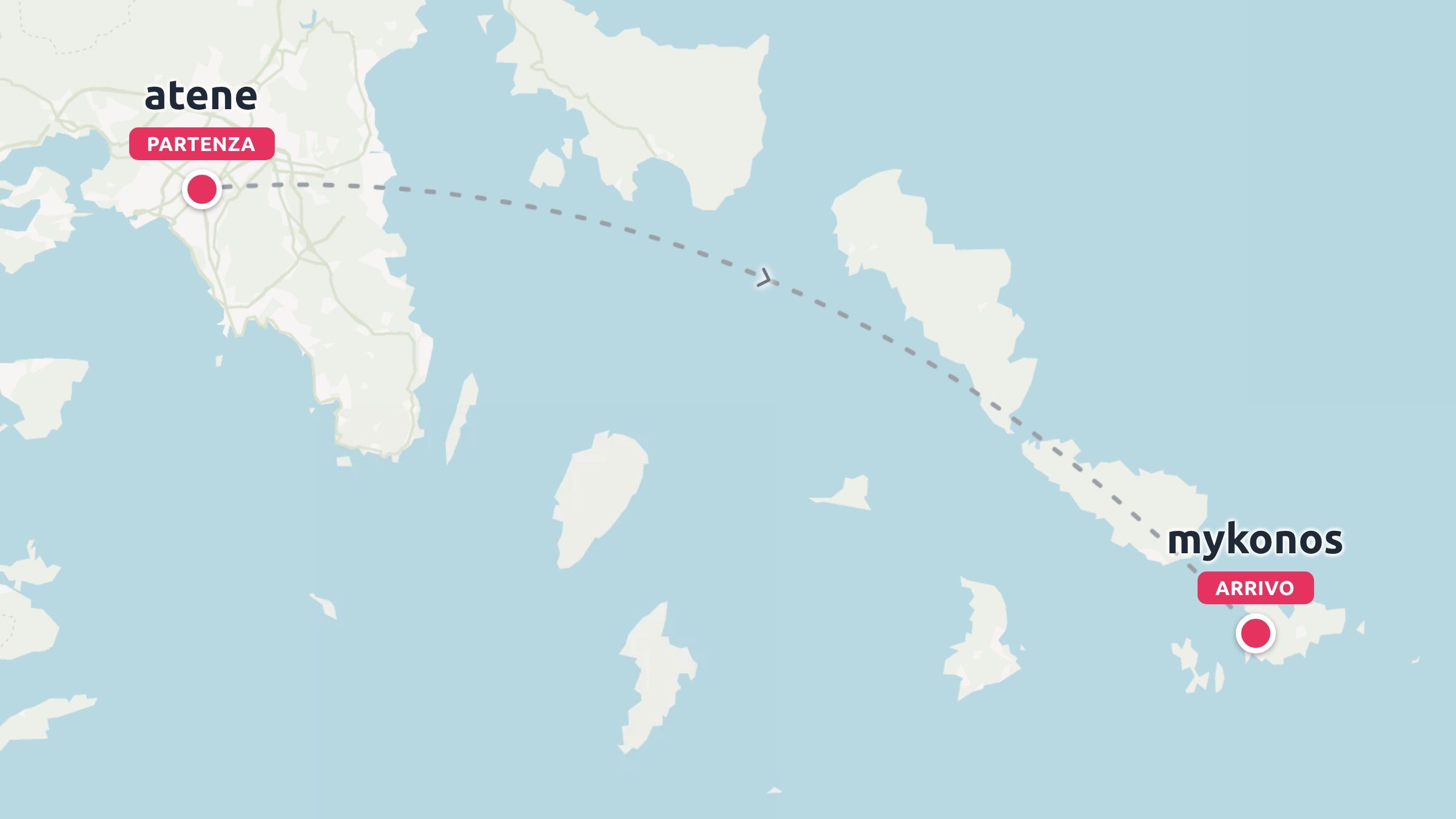 Una mappa di viaggio che mostra una rotta di volo dalla partenza di Atene all'arrivo a Mykonos sul mare.