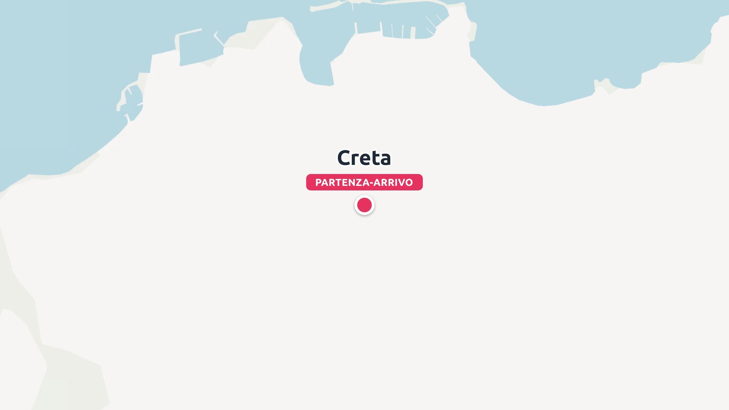 Una mappa di viaggio di Creta che segna il punto di partenza e di arrivo con un puntina rossa.