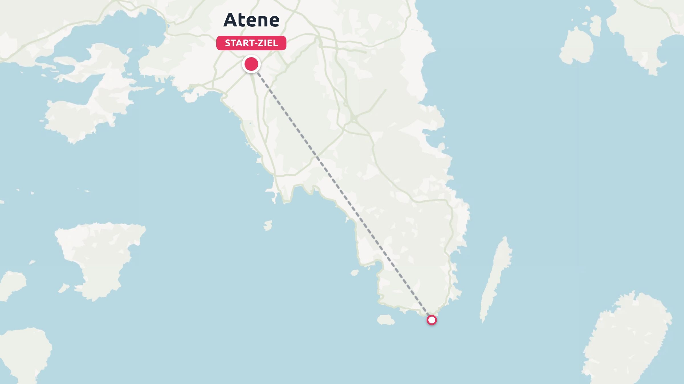 Eine Reiseroute, die eine gestrichelte Linie von Athen zur Südküste der Halbinsel Attika zeigt.