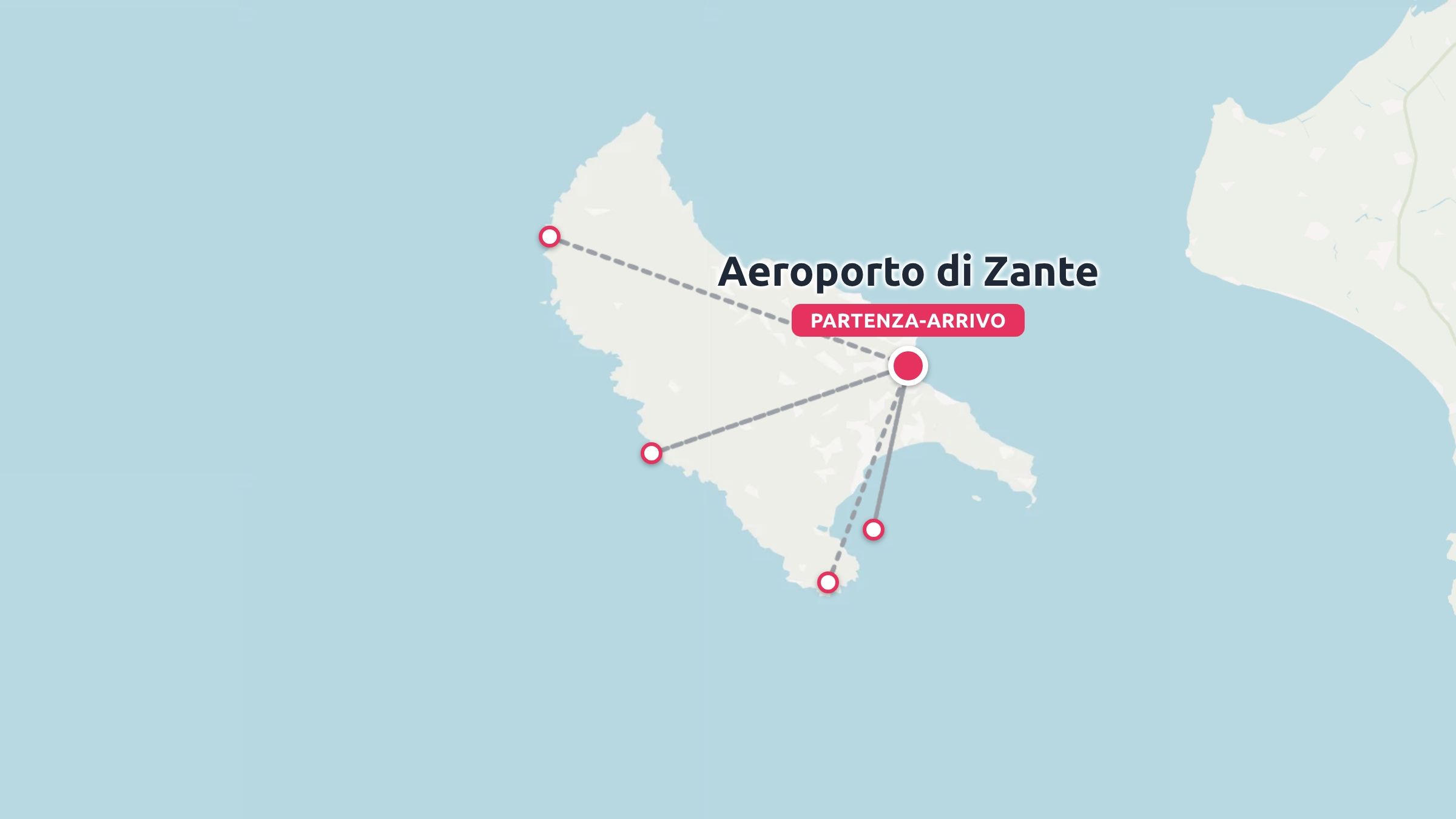 Mappa turistica dell'isola di Zacinto che mostra i collegamenti dei percorsi con linee che partono dall'aeroporto di Zacinto.