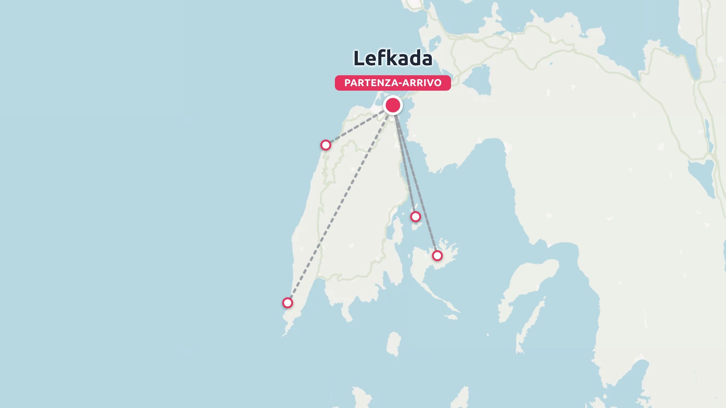 Una mappa dell'itinerario di viaggio di Lefkada che mostra le tappe di destinazione collegate da linee tratteggiate e continue in tutta l'isola.