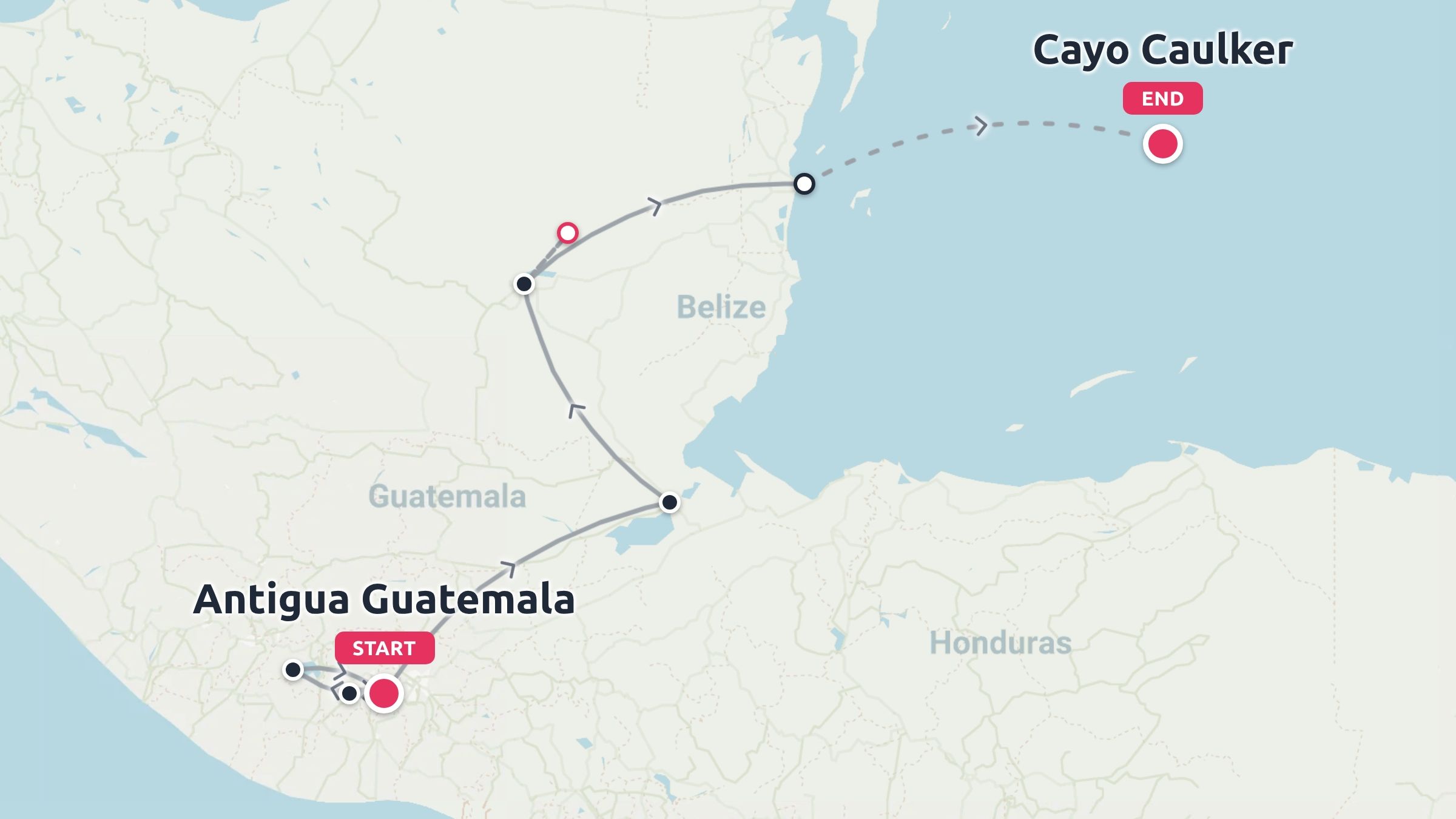 Travel route map starting in Antigua Guatemala and ending in Cayo Caulker, traversing Guatemala and Belize.