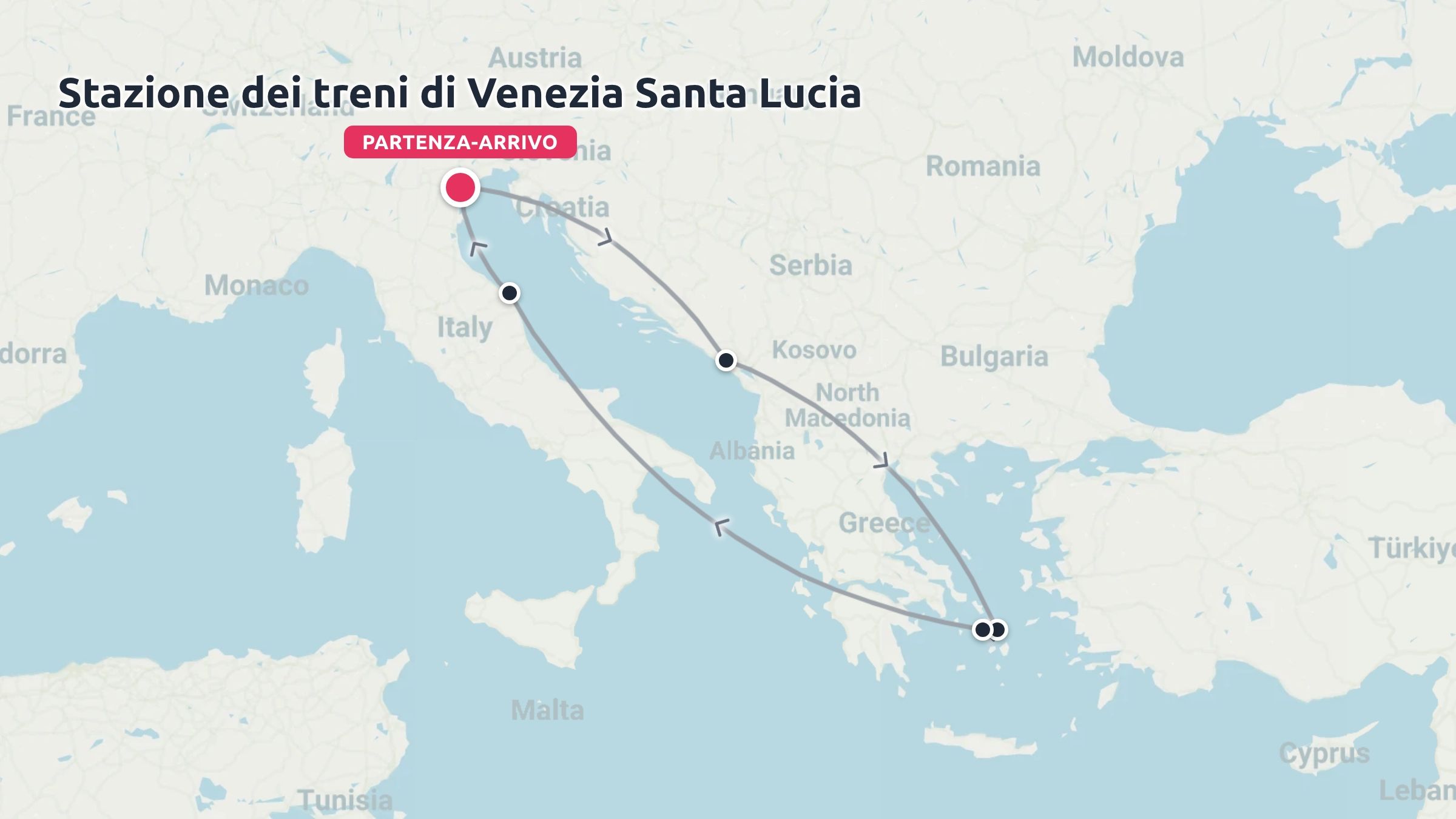 Una mappa di un itinerario di viaggio che mostra un percorso ad anello con partenza e arrivo alla stazione ferroviaria di Venezia Santa Lucia ed estensione fino alla Grecia.