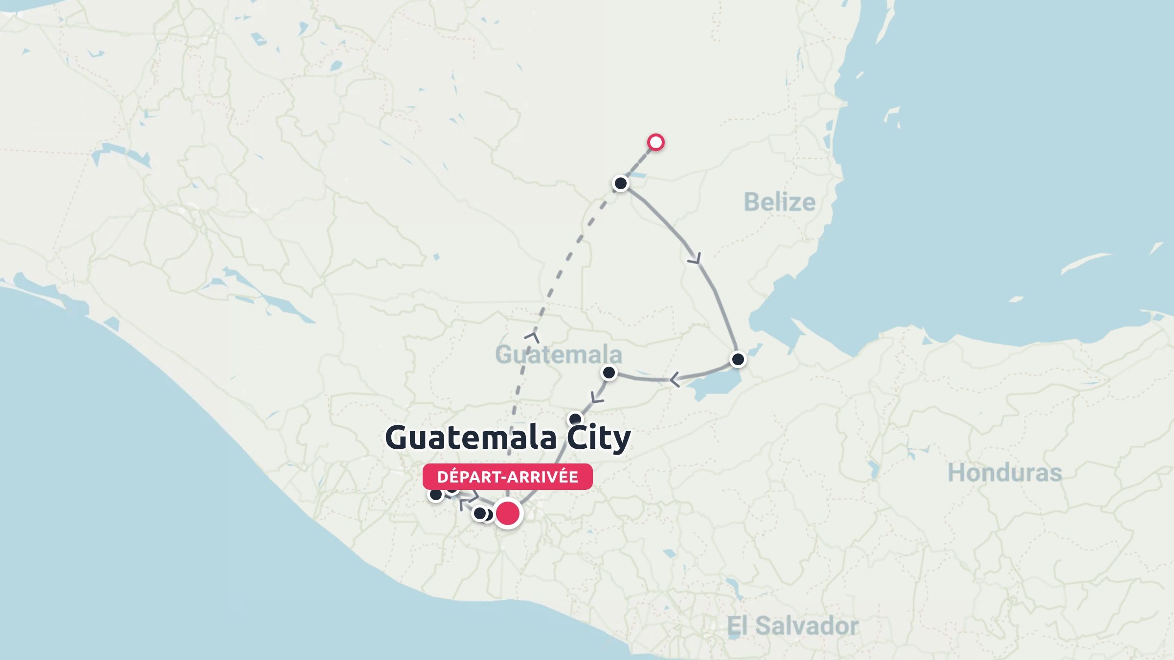 Une carte d'itinéraire de voyage du Guatemala montrant un parcours circulaire commençant et se terminant à Guatemala City.