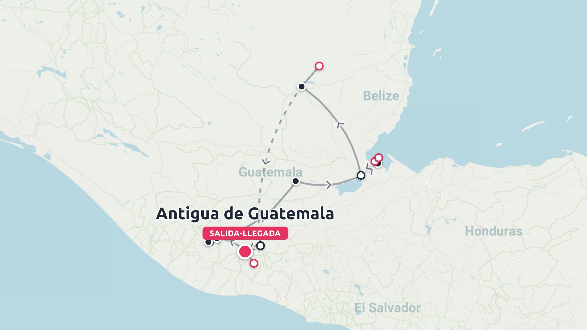 Mapa de ruta de viaje por Guatemala comenzando y terminando en Antigua Guatemala con paradas cerca de Belice