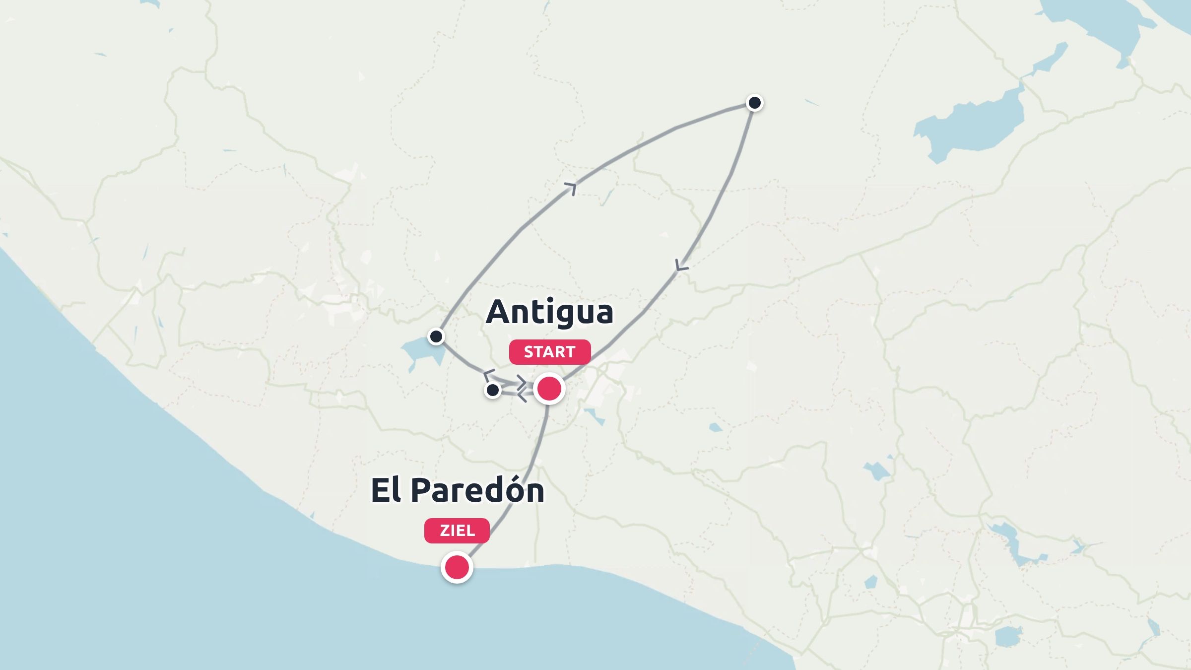 Eine Reisekarte mit einer Reiseroute, die in Antigua beginnt und an der Küste in El Paredón endet.