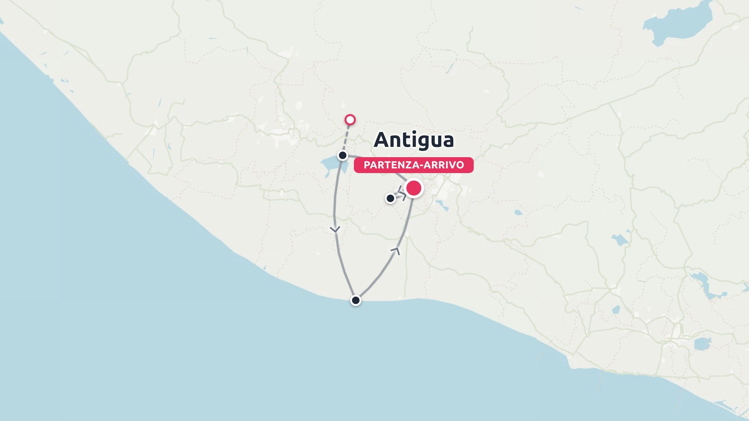 Una mappa di itinerario di viaggio che mostra un percorso che inizia e finisce ad Antigua e fa un giro verso la costa