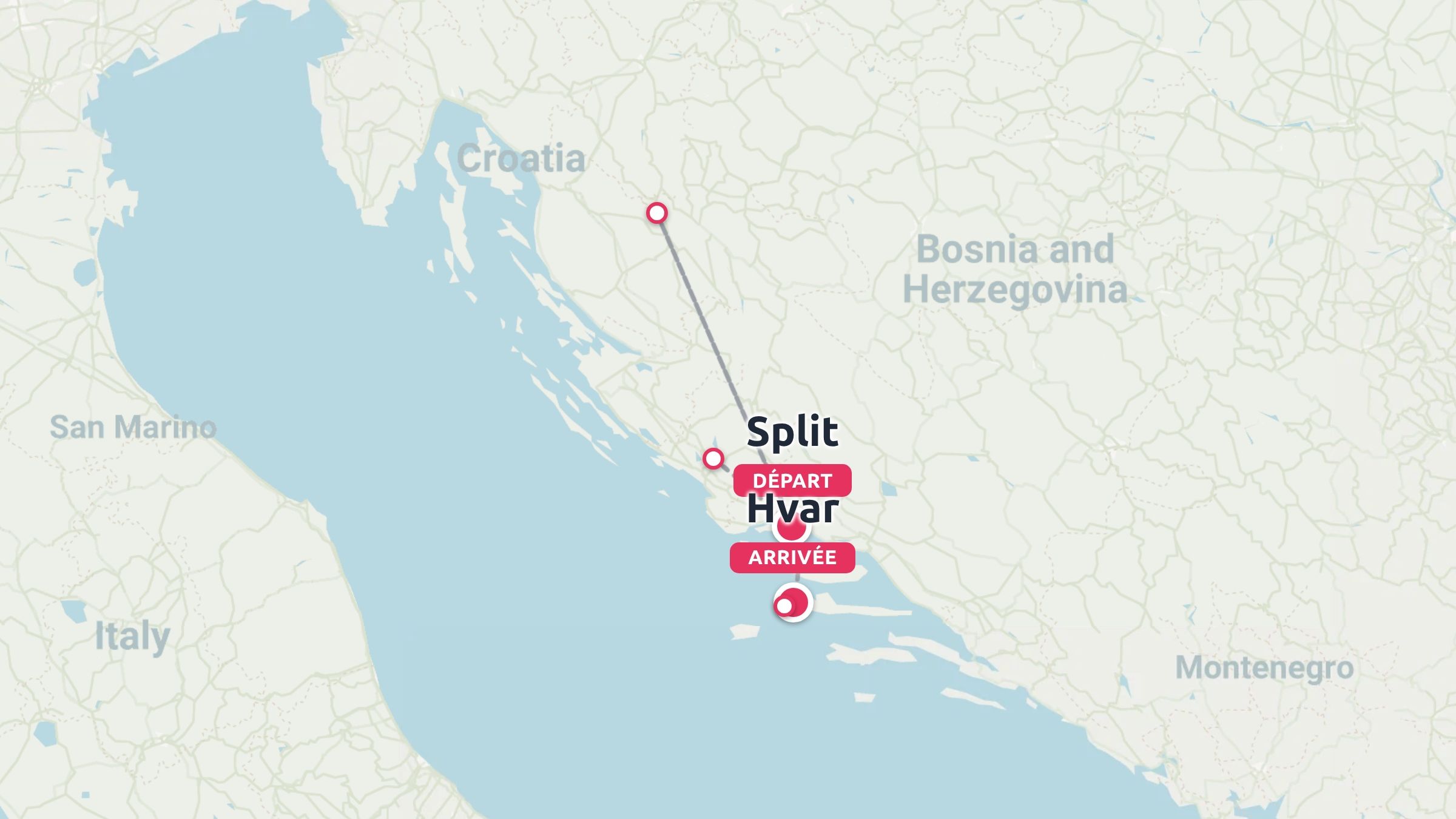 Carte de l'itinéraire de voyage en Croatie montrant le trajet reliant le départ de Split à l'arrivée à Hvar
