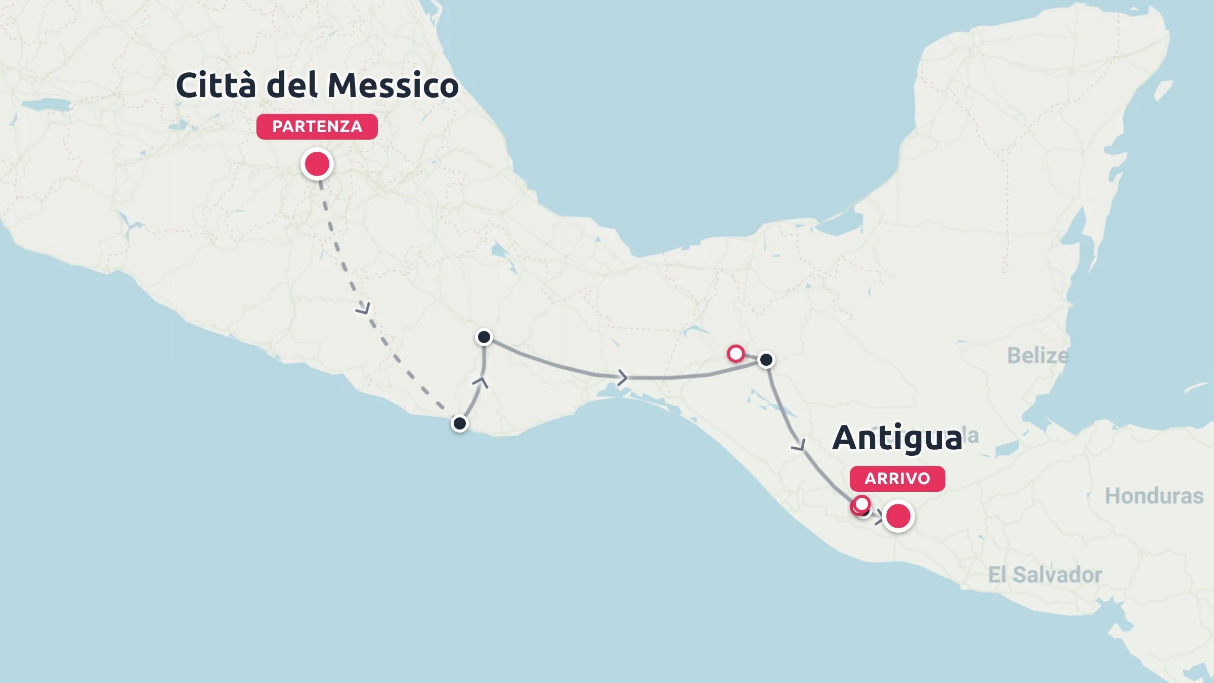 Una mappa di itinerario di viaggio che mostra un percorso che inizia a Città del Messico e termina ad Antigua