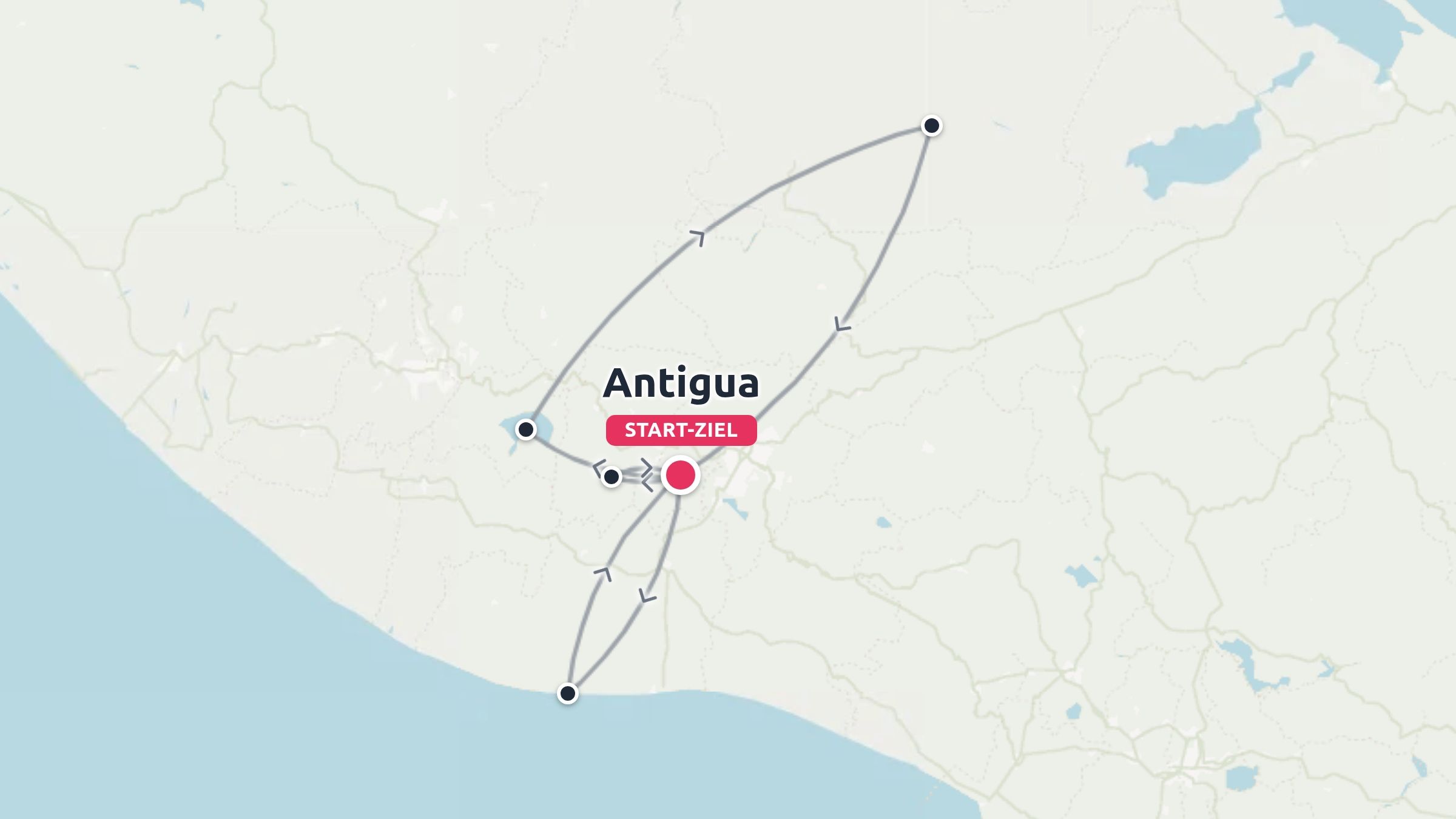 Eine Reiseroute, die als Rundweg in Antigua beginnt und endet.