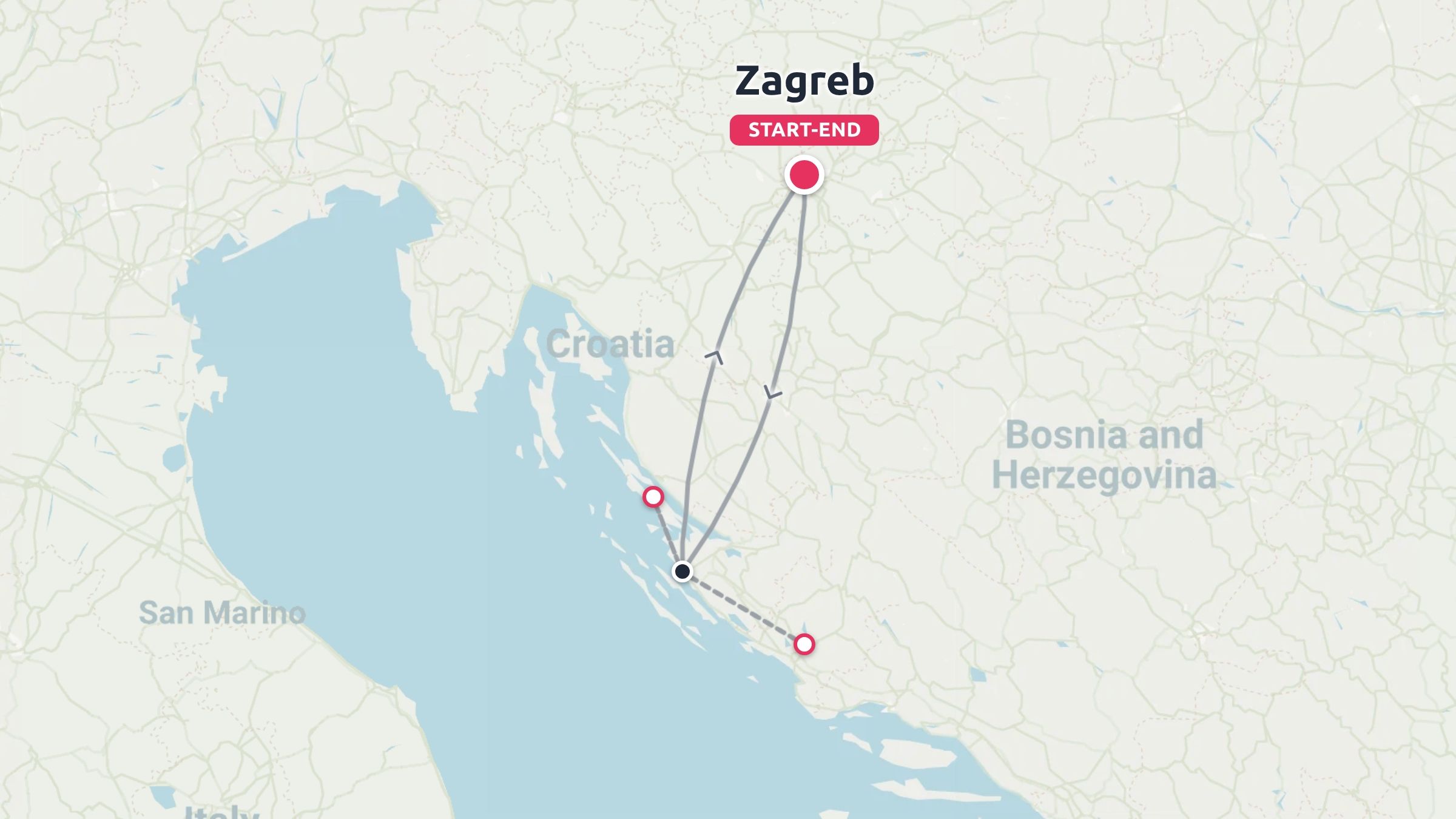 A travel itinerary map of Croatia showing a route starting and ending in Zagreb with stops along the coast.