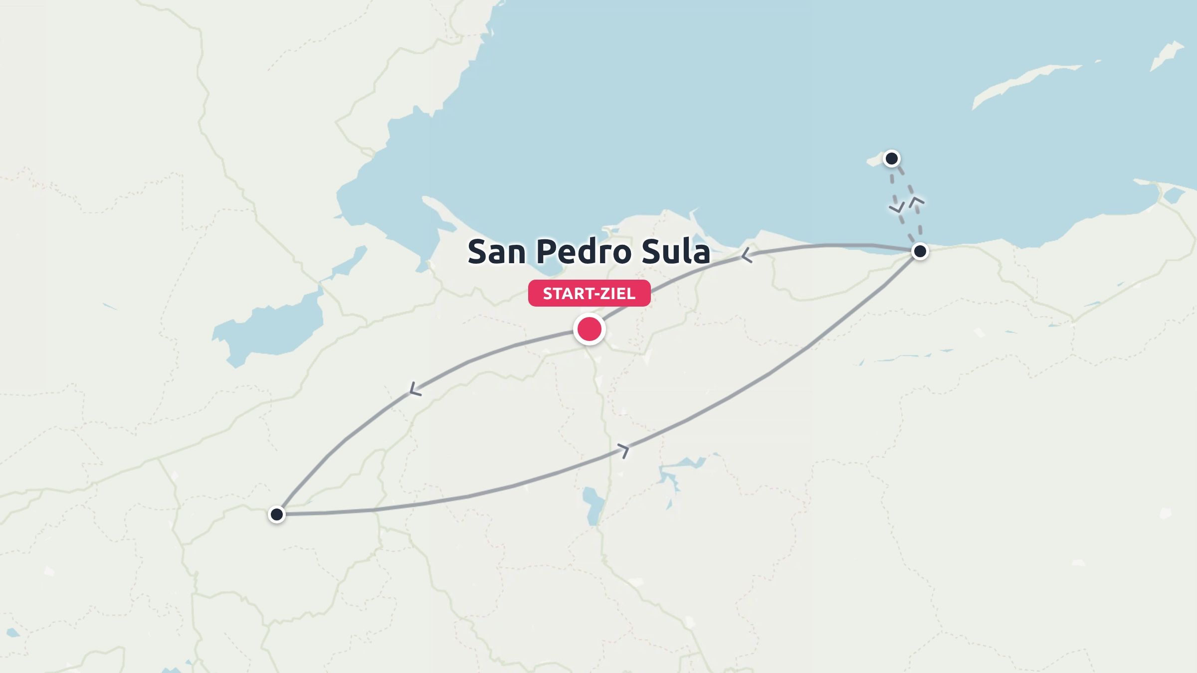 Reiseroute mit einer Rundreise, die in San Pedro Sula beginnt und endet, inklusive Stopps an der Küste.