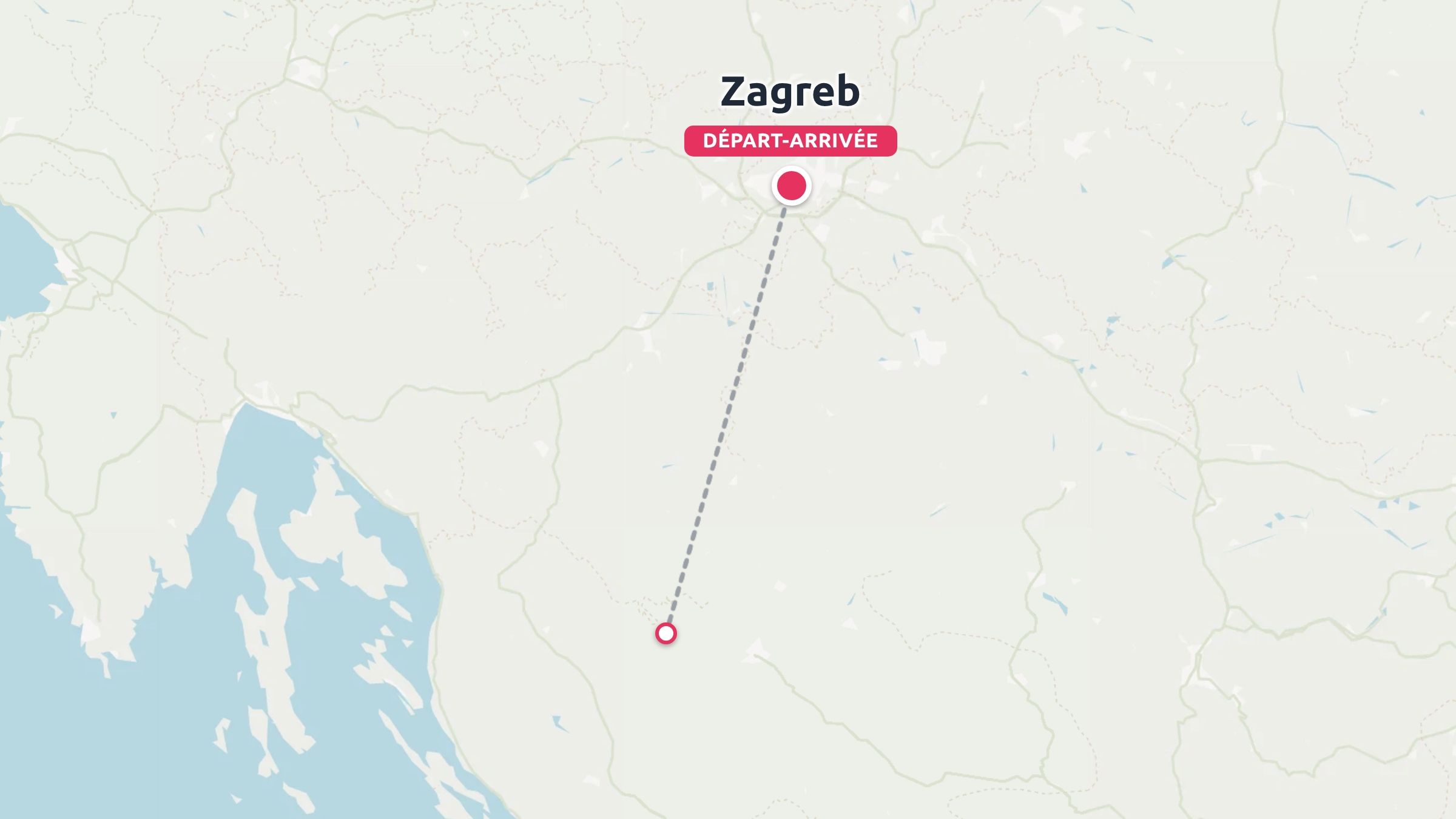 Une carte de voyage montrant Zagreb comme point de départ et d'arrivée avec un itinéraire en pointillés vers le sud.