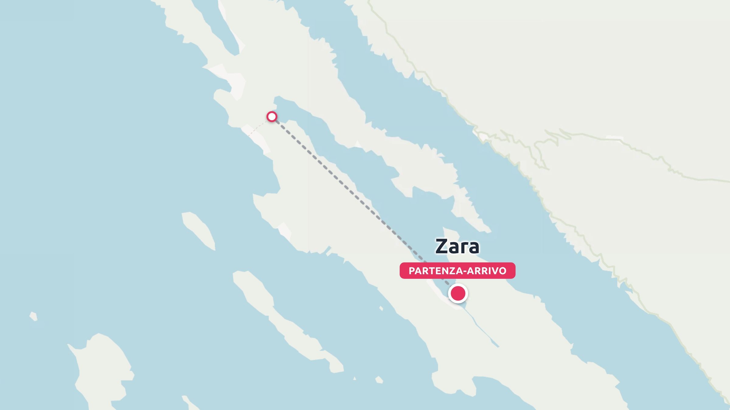 Una mappa di un itinerario di viaggio che mostra un percorso tratteggiato lungo le isole costiere, con partenza e arrivo a Zara.