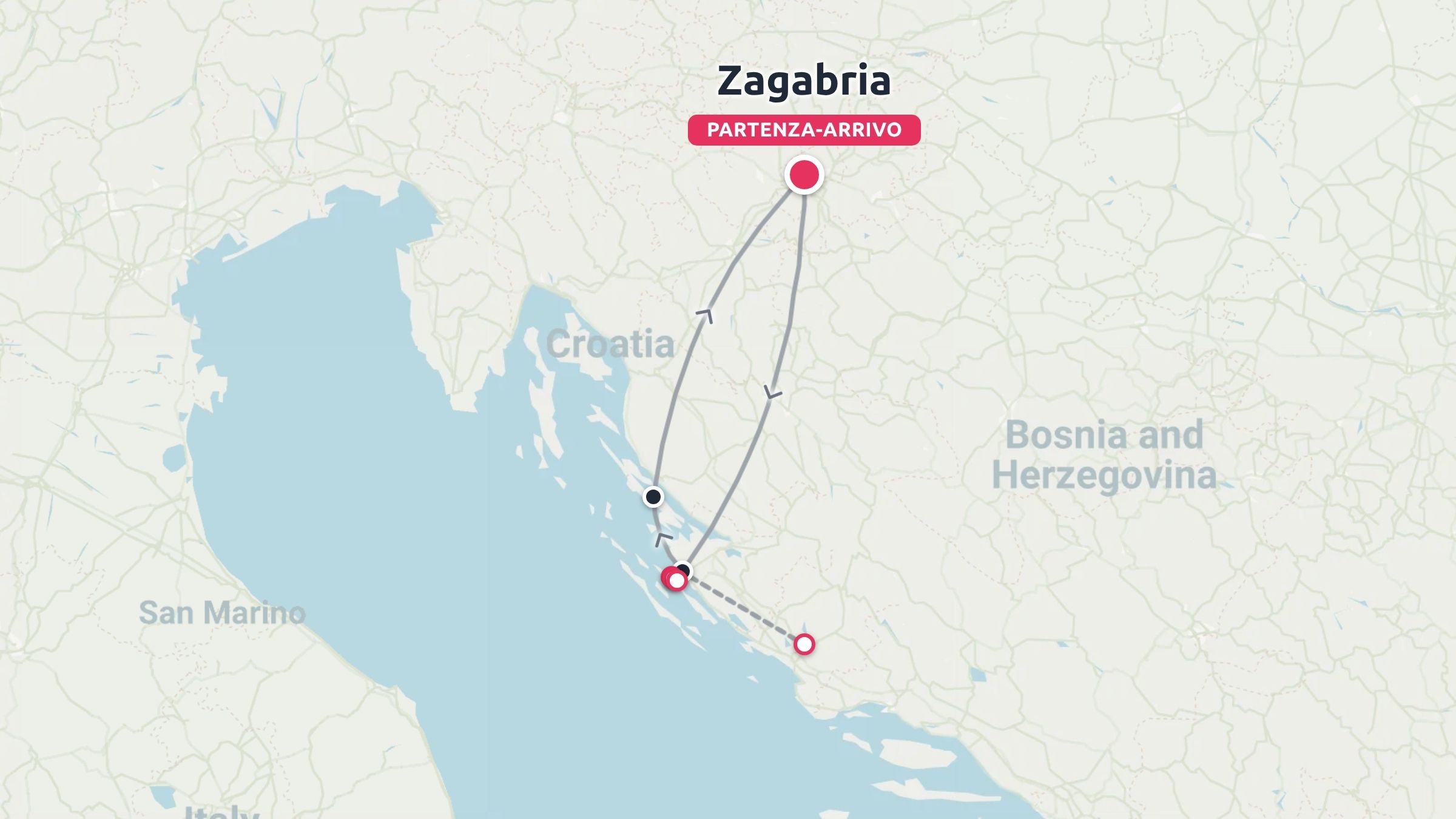 Mappa dell'itinerario di viaggio in Croazia che mostra un percorso ad anello con partenza e arrivo a Zagabria, viaggiando lungo la costa adriatica.