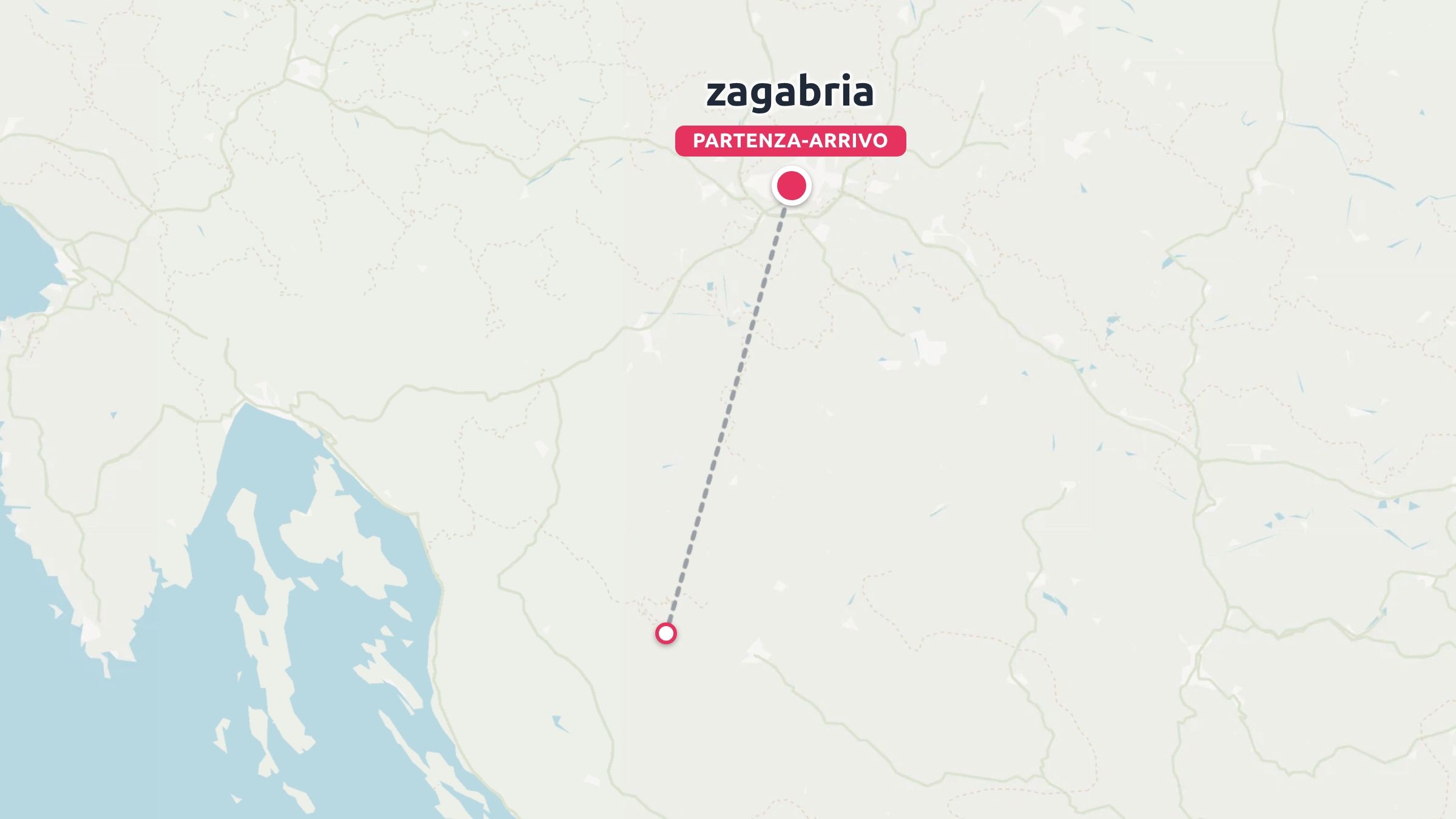 Una mappa di itinerario di viaggio che segna Zagabria come punto di partenza e arrivo con una linea di percorso che si estende verso sud