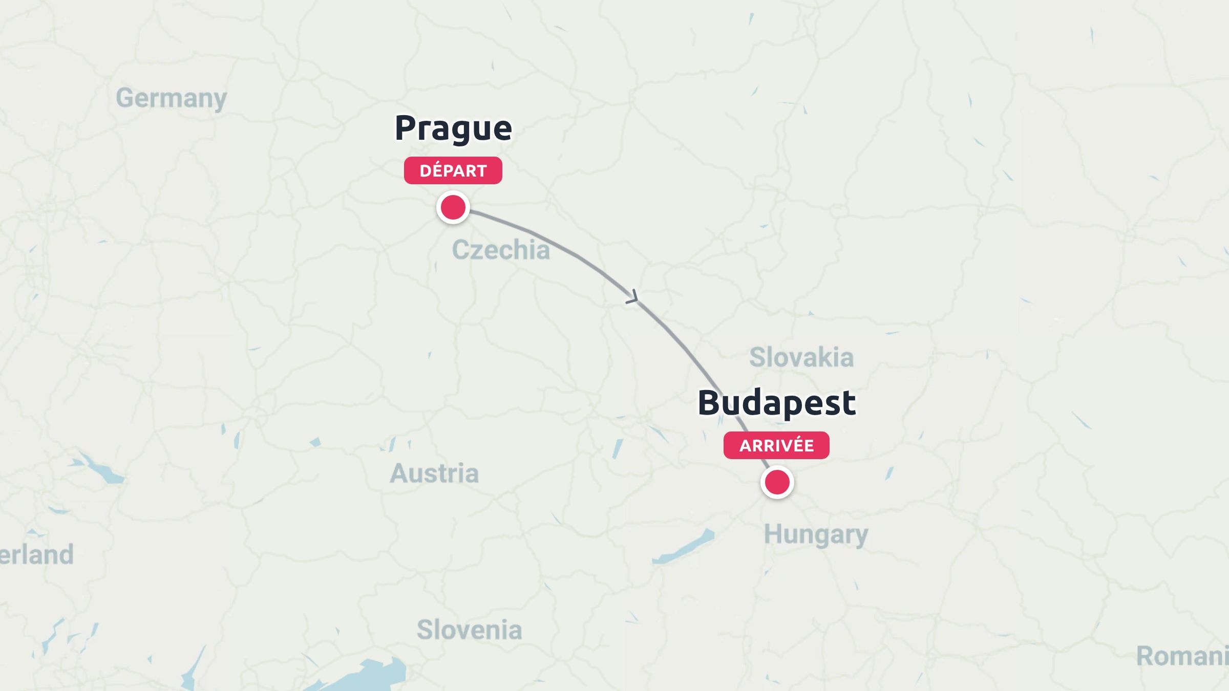 Une carte d'itinéraire de voyage montrant un chemin incurvé de Prague, en Tchéquie, marquée comme départ, à Budapest, en Hongrie, marquée comme arrivée.