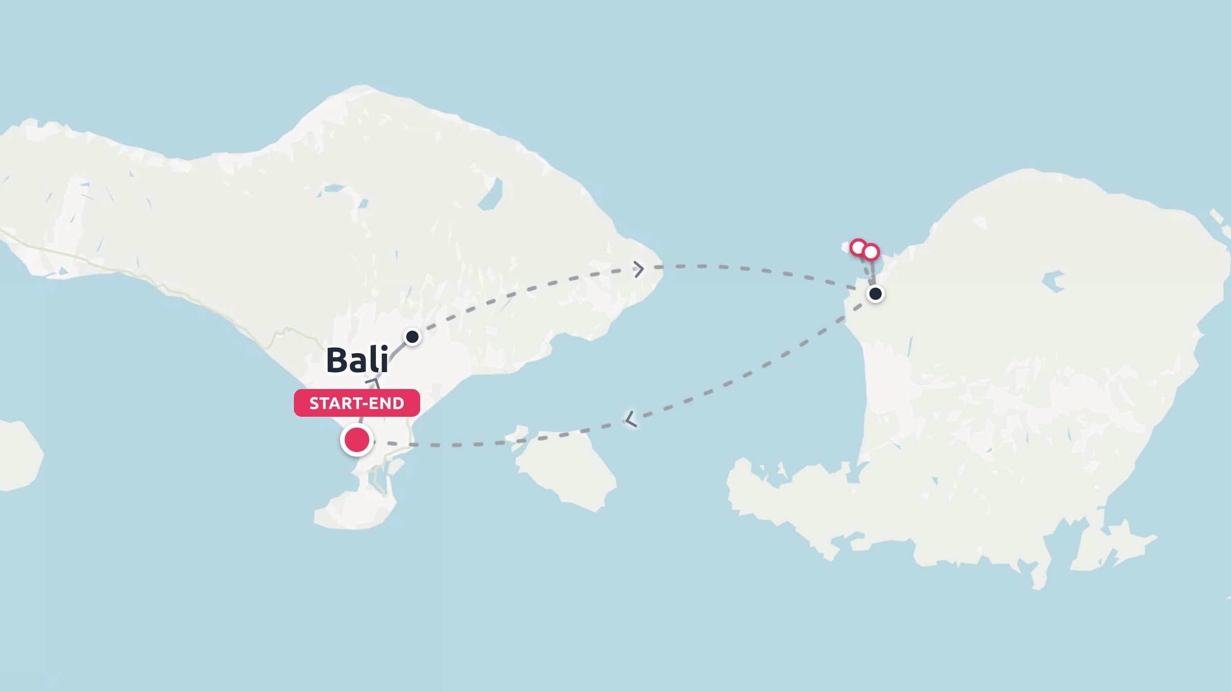 A travel route map showing a round trip between Bali and Lombok with marked stops and a start-end point in Bali.