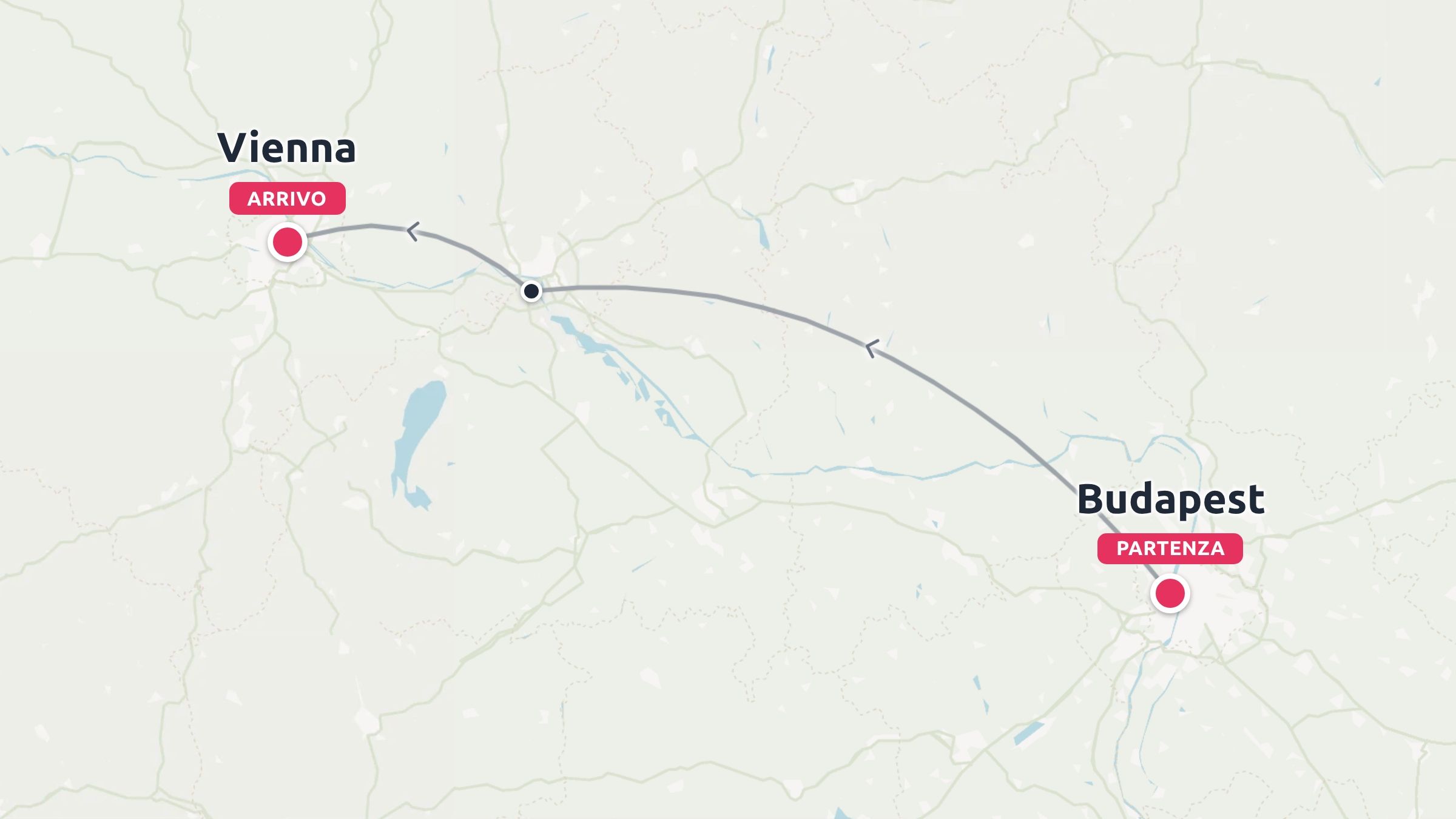 Una mappa di viaggio che mostra un itinerario che parte da Budapest e arriva a Vienna