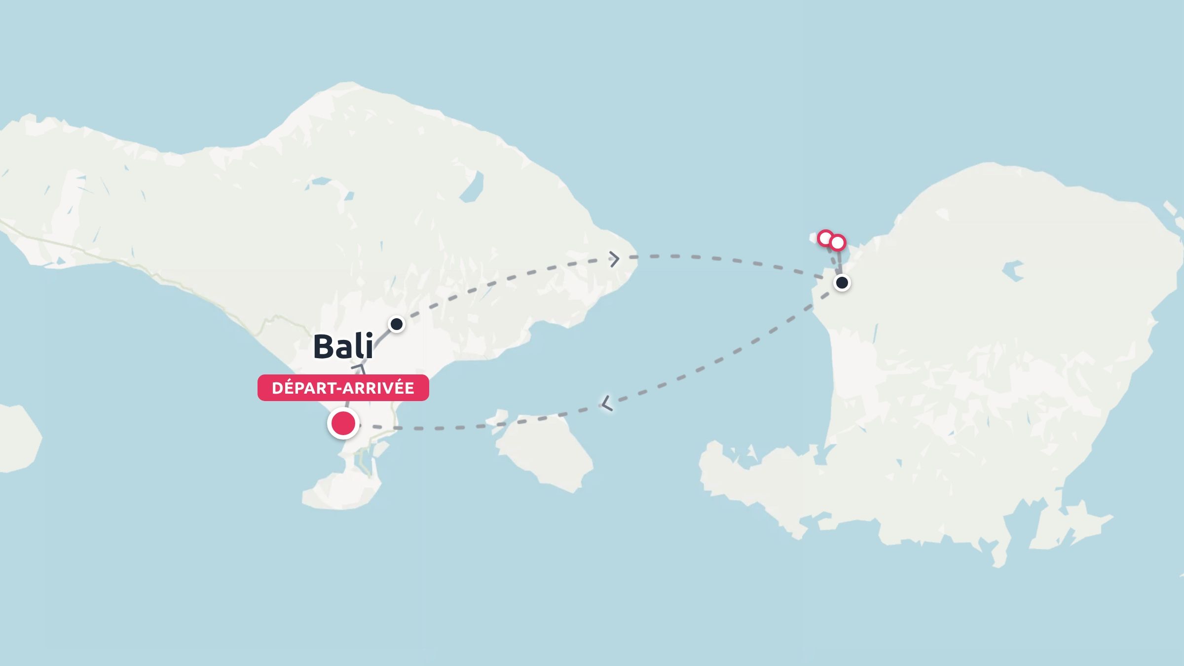 Carte d'itinéraire de voyage montrant un itinéraire aller-retour reliant Bali aux îles voisines